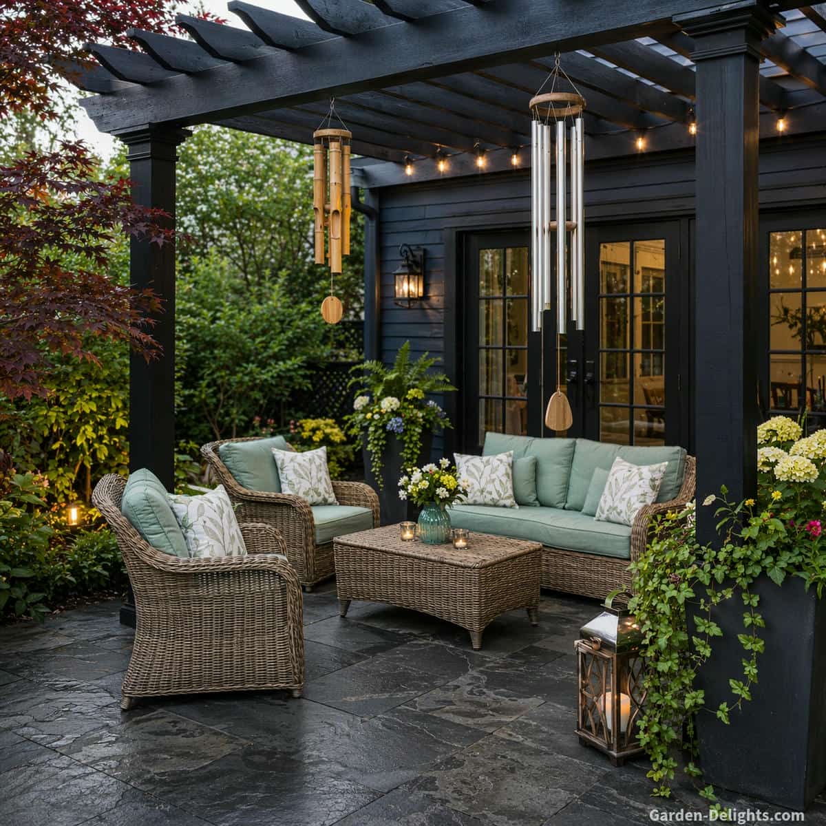 quiet and resonant wind chimes comparison on patio showing different sound behavior based on airflow and material