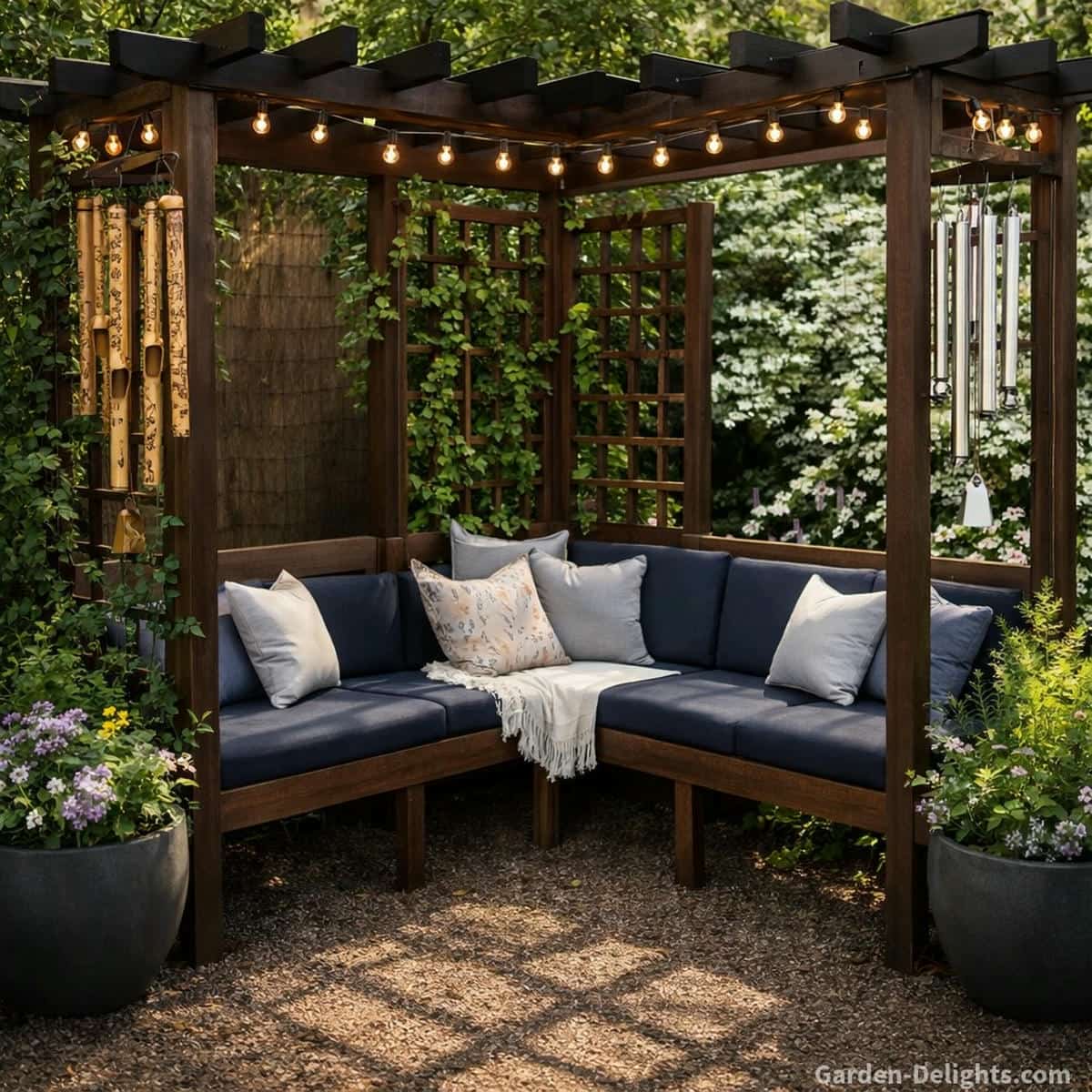 holiday wind chimes decor under a dark walnut pergola with black slatted roof, engraved bamboo wind chimes hanging near a cozy seating area with navy blue cushions and light gray pillows, aluminum wind chimes placed on the extended roof section, warm string lighting creating a soft glow, corner planters and climbing greenery enhancing airflow movement, peaceful outdoor ambiance with balanced sound and visual harmony