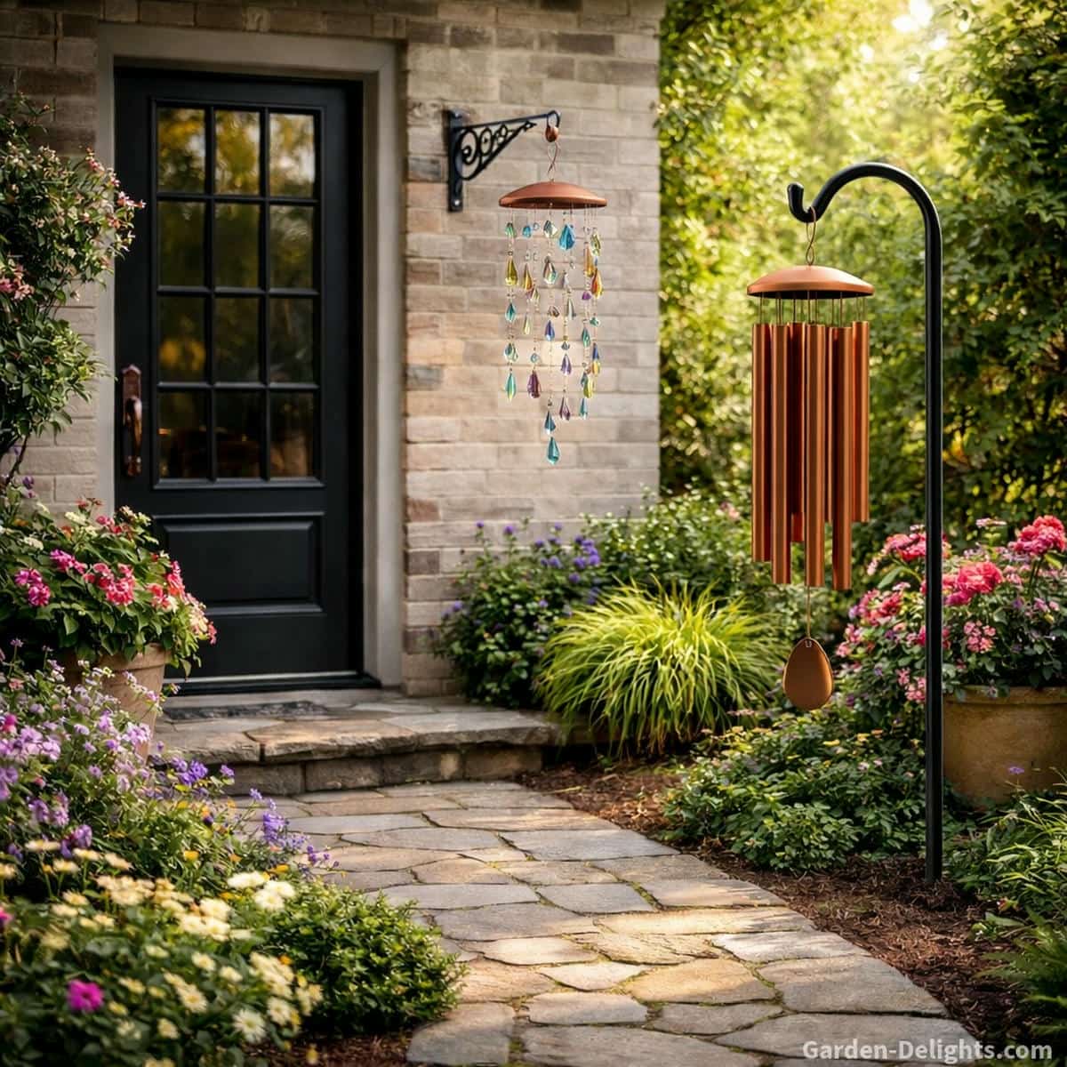 holiday wind chimes decor at a front entryway with colorful glass wind chimes hanging from a decorative wall hook near a black door and bronze metal wind chimes hanging from a shepherd hook placed into garden vegetation, soft natural light reflecting off glass surfaces, gentle airflow creating varied movement, showing how placement in airflow zones changes sound behavior and creates a calm balanced outdoor atmosphere