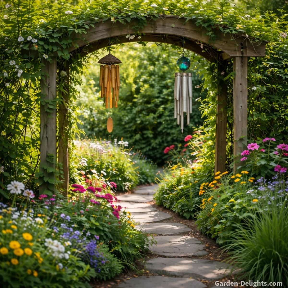 holiday wind chimes hanging on opposite sides of a garden arbor creating a natural airflow corridor, bamboo wind chimes on one side and metal chimes on the other allowing clean sound separation, gentle breeze moving through the archway with soft light filtering through greenery creating smooth movement and calm balanced garden ambiance