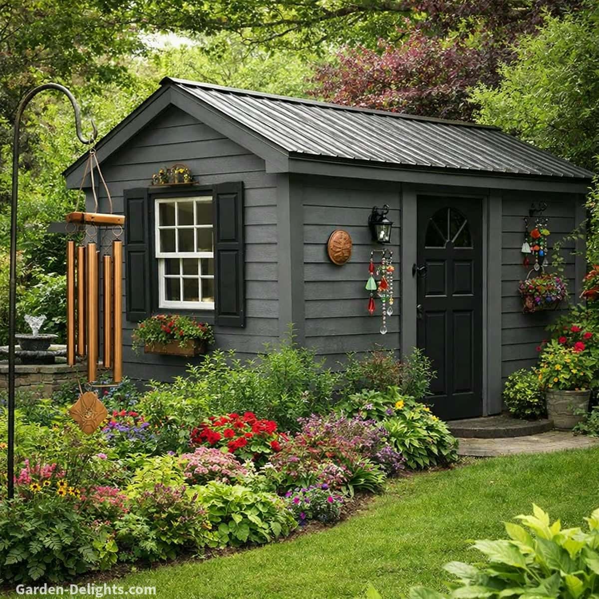 holiday wind chimes decor in a backyard garden with a gray shed, black metal roof and shutters, aluminum bronze tone wind chimes hanging from shepherd hooks, glass holiday chimes mounted on the shed wall, soft airflow creating gentle movement and calming sound, stone fountain and seasonal landscaping enhancing peaceful outdoor ambiance and balanced Feng Shui energy flow