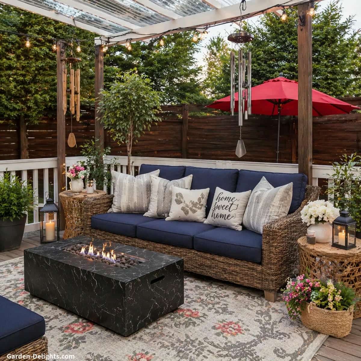 neutral patio wind chimes setup for year round decor with seasonal accents and balanced airflow sound