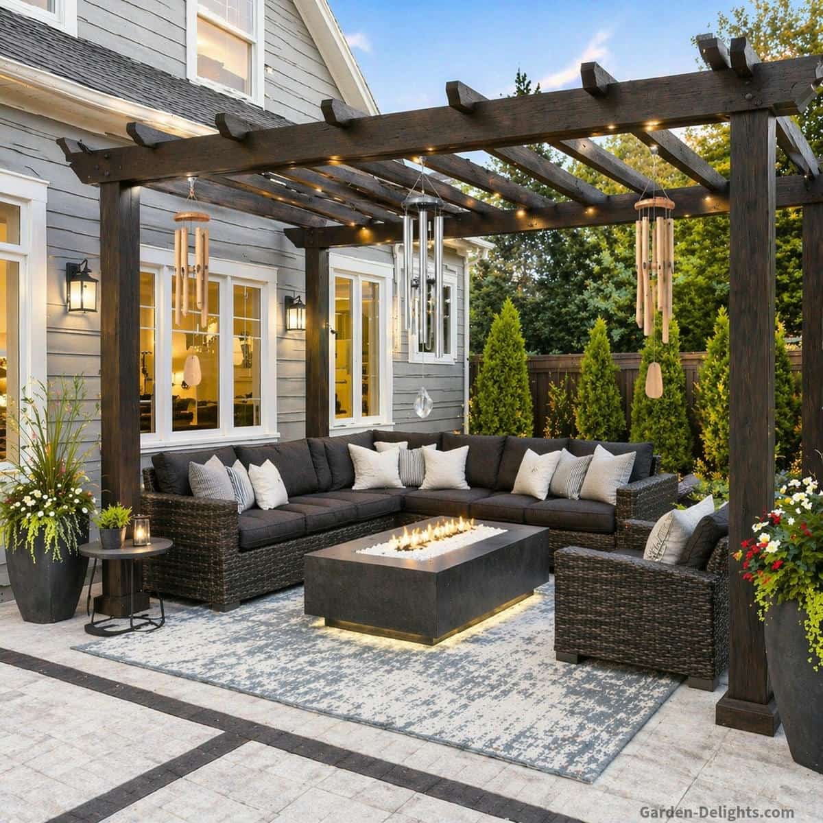neutral wind chimes hanging from a dark wood pergola above a modern outdoor seating area with black wicker furniture and soft cushions, gentle airflow moving bamboo and aluminum chimes, creating a peaceful year round outdoor decor setup with balanced sound, natural movement, and calm visual flow