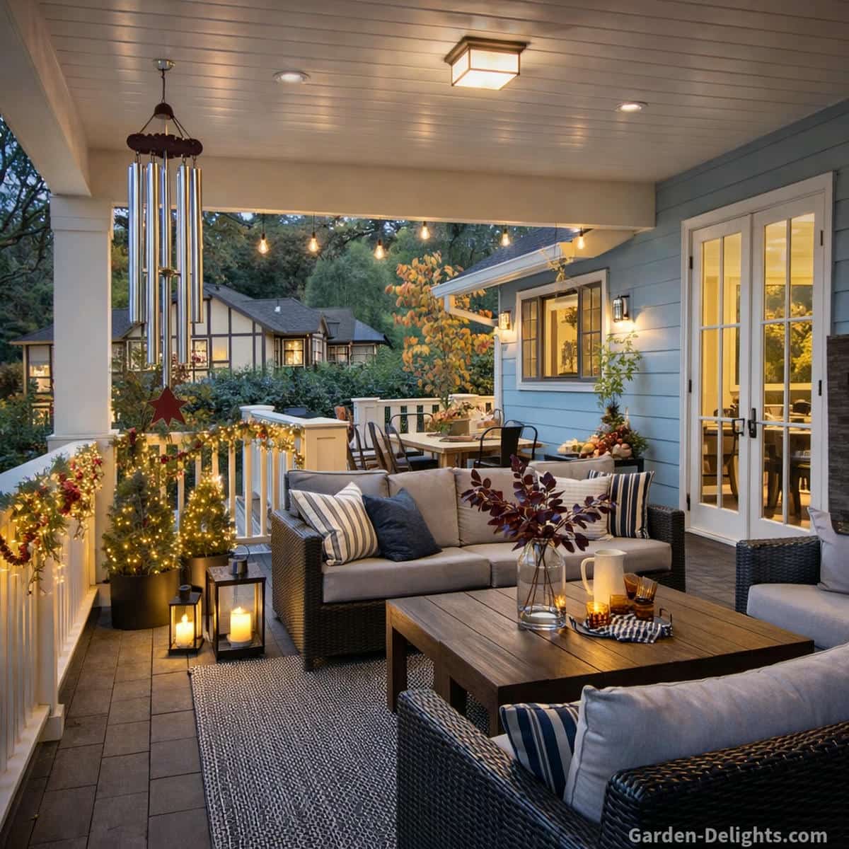 holiday wind chimes styled on blue patio with wicker seating and warm lighting, gentle airflow creating soft movement and calm outdoor sound atmosphere
