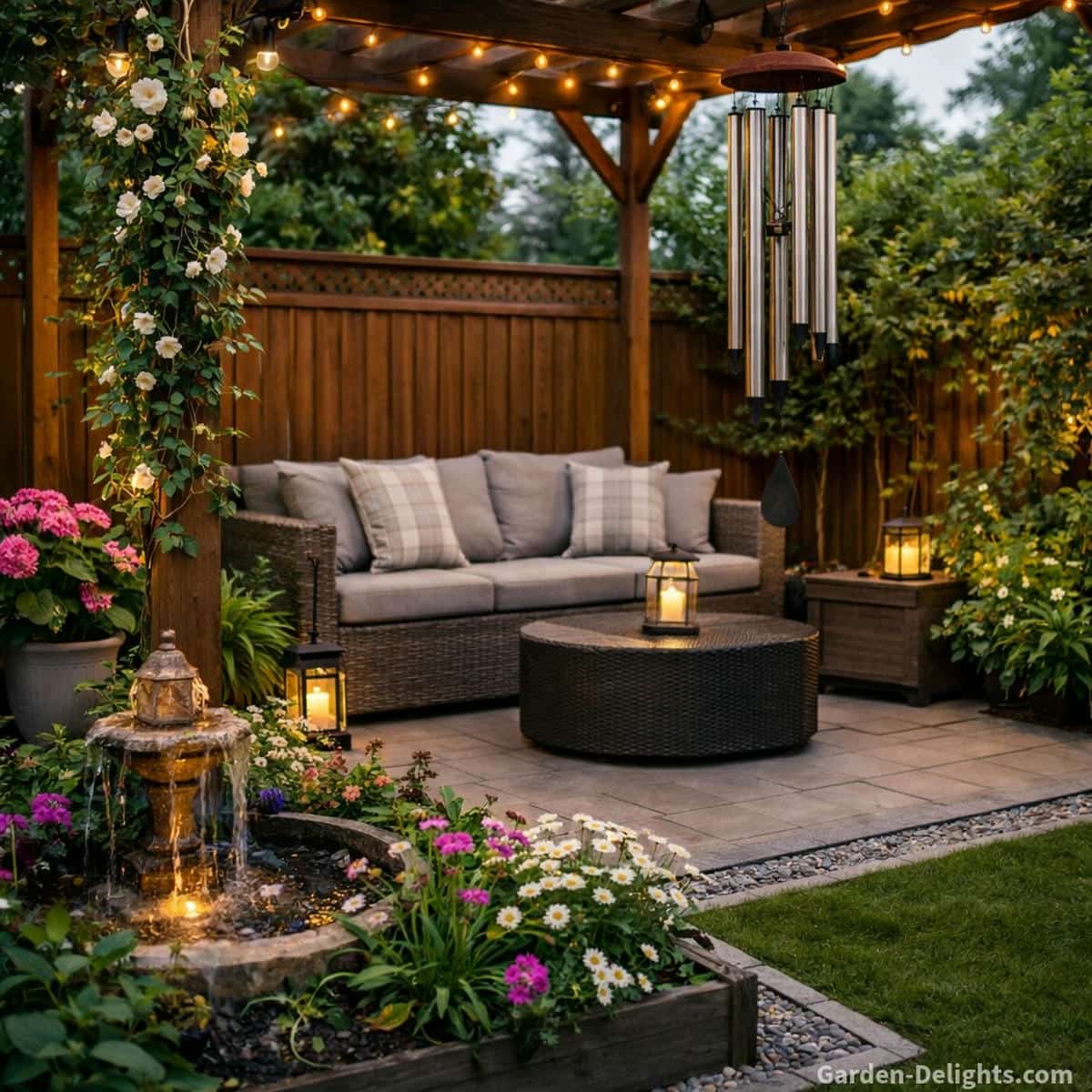 holiday wind chimes hanging from a wooden pergola above a cozy patio seating area with wicker furniture, soft cushions, string lights, garden flowers, and a small water fountain, showing how wind chimes move gently with airflow and create calming sound while surrounding outdoor decor remains still, symbolizing balance, motion, and peaceful seasonal ambiance