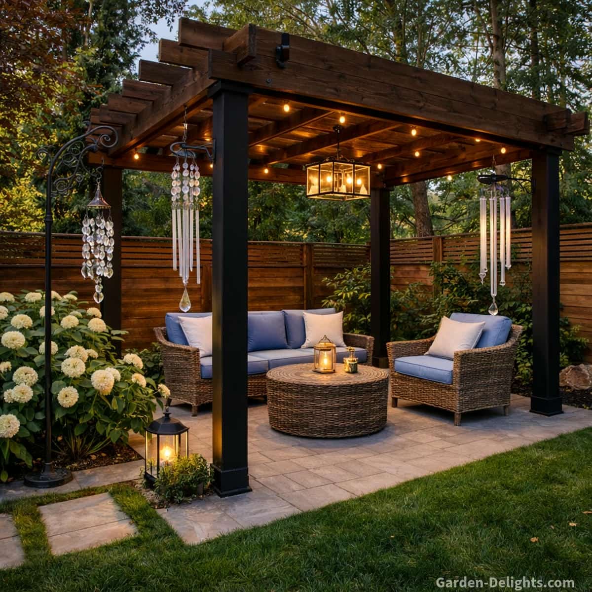 holiday wind chimes hanging under pergola with wicker seating and blue cushions, light reflection and airflow movement creating peaceful outdoor ambiance