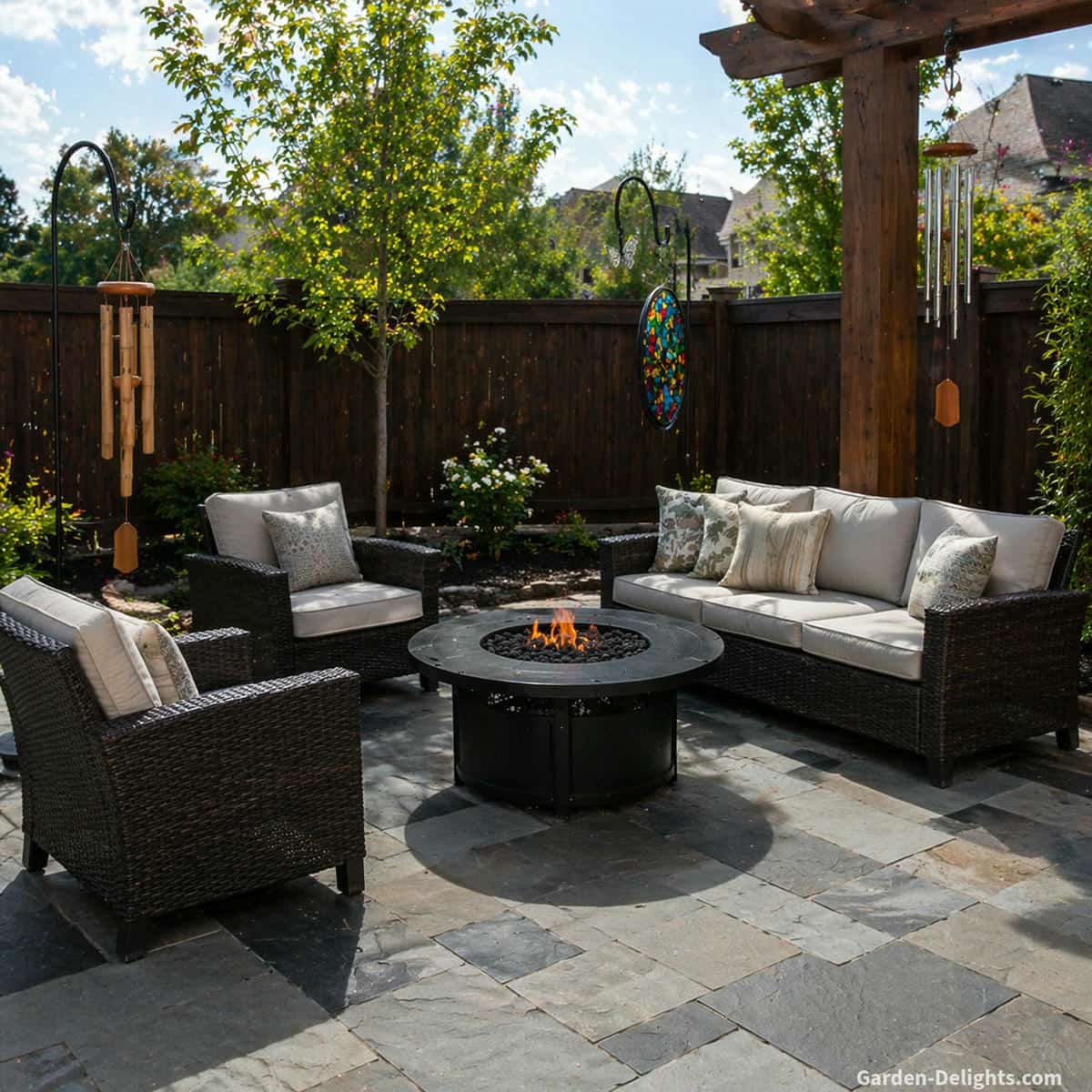 wind chimes arranged across patio airflow zones creating gentle movement and calm seasonal outdoor ambiance