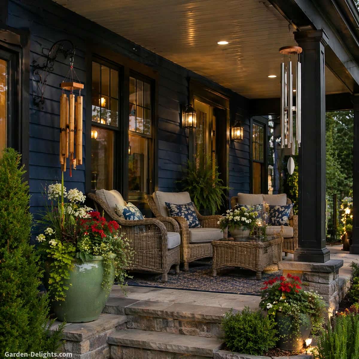 holiday wind chimes on a wide front porch of a dark blue house with black window trim, bamboo wind chimes hanging near wicker seating creating soft quiet tones, long aluminum wind chimes near the porch edge producing gentle resonance, warm evening light, stone steps and large green flower pots, layered airflow zones shaping calm balanced outdoor sound for neighbor friendly holiday decor