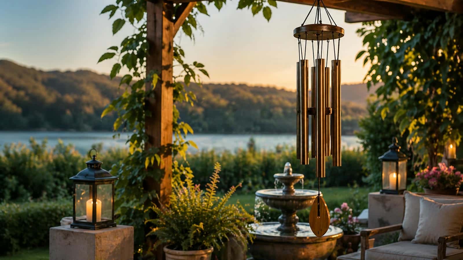 wind chimes hanging on a patio with warm sunset light, lantern lighting and a small water fountain creating a calm and relaxing outdoor garden space