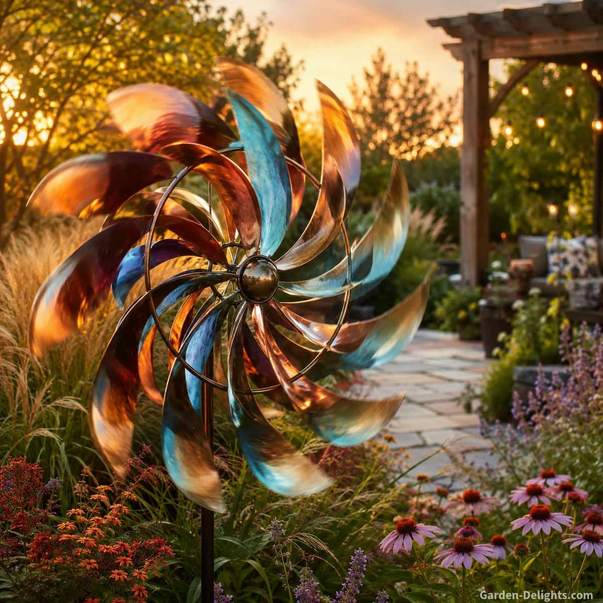 kinetic wind spinner moving in natural garden airflow creating reflective motion, relaxing outdoor atmosphere and decorative visual movement for patios and backyard landscapes