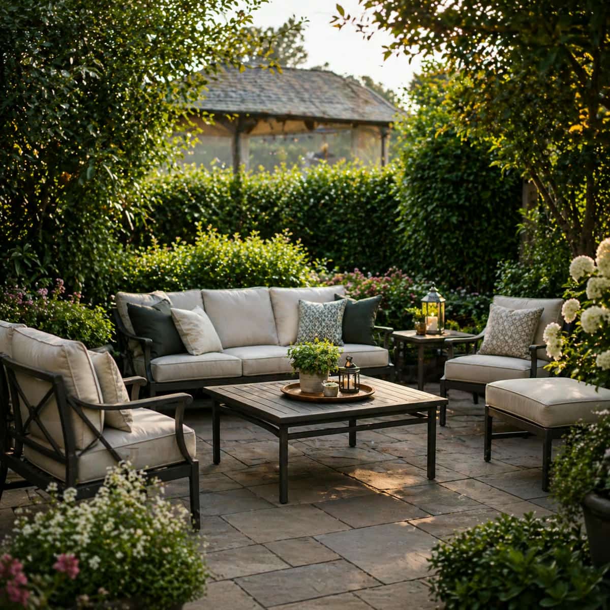 outdoor patio furniture seating area designed for comfort, airflow and relaxing outdoor living space in garden and backyard settings