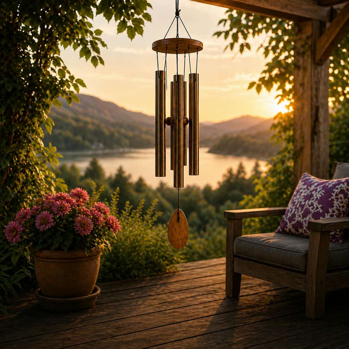 wind chimes in a garden with natural airflow creating balanced sound, gentle movement and a calm outdoor atmosphere across patio and landscape spaces