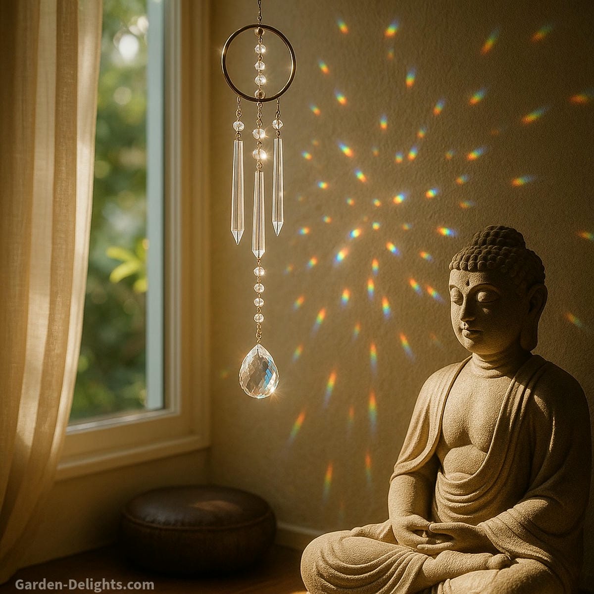 Single crystal indoor wind chime hanging in a softly lit meditation corner—casting rainbow prisms, promoting chakra alignment, emotional healing, and Feng Shui energy flow in small interior spaces