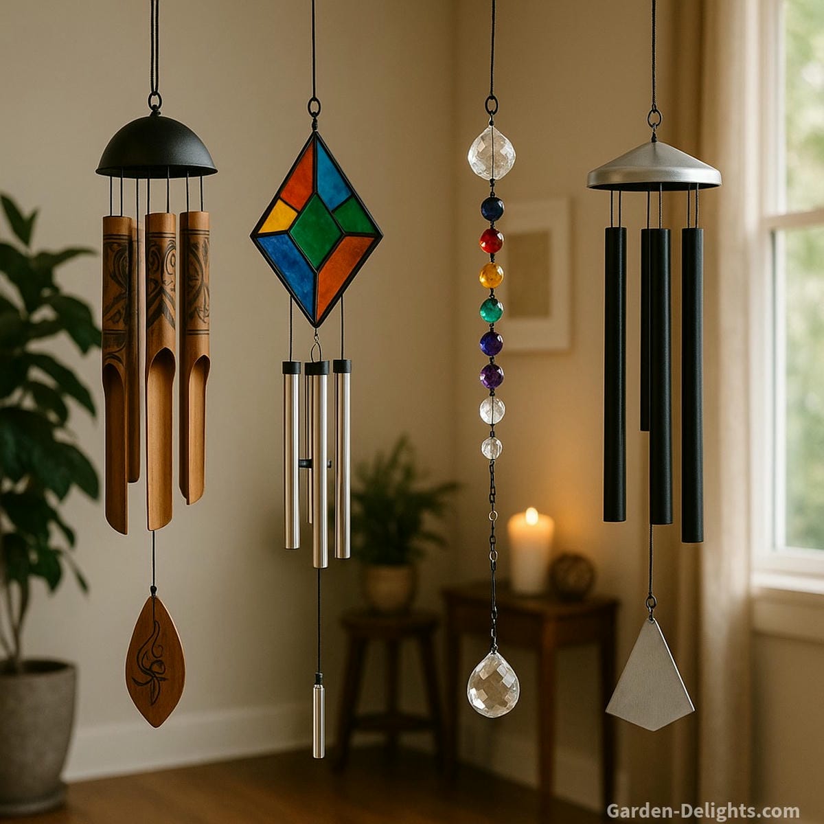 Indoor wind chimes made from bamboo, stained glass, and chakra crystals arranged in a peaceful sanctuary—each style symbolizing grounding energy, emotional uplift, and spiritual clarity for meditation, sleep, and healing spaces