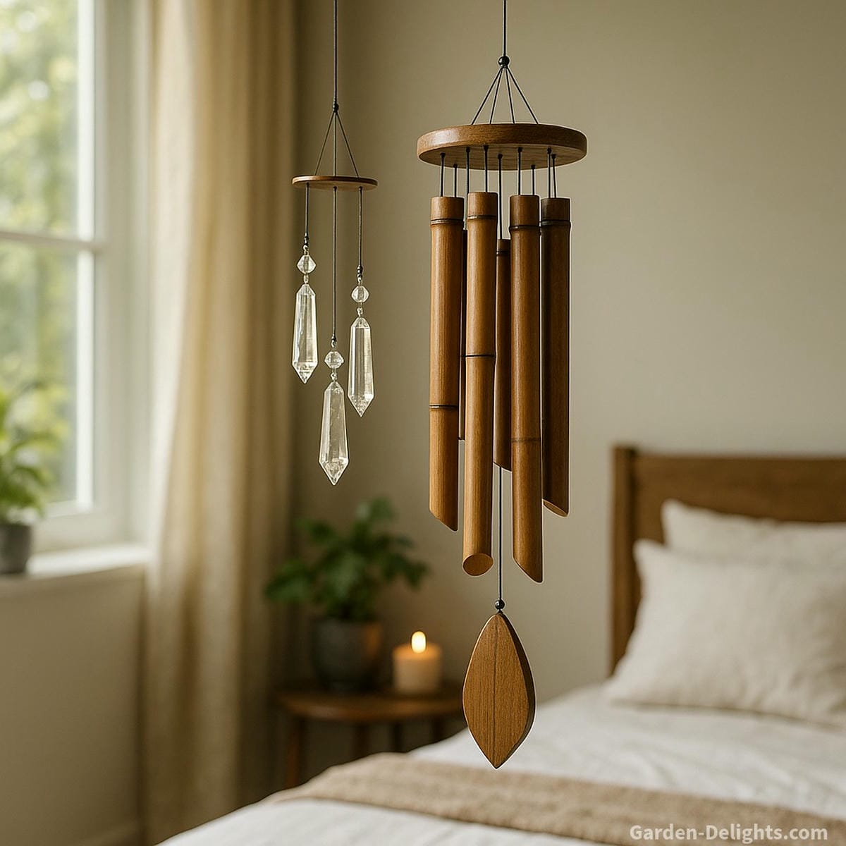 Indoor wind chimes softly hanging in a serene meditation room and bedroom corner—featuring crystal and bamboo styles that symbolize emotional healing, Feng Shui balance, and peaceful sound therapy for still-air spaces