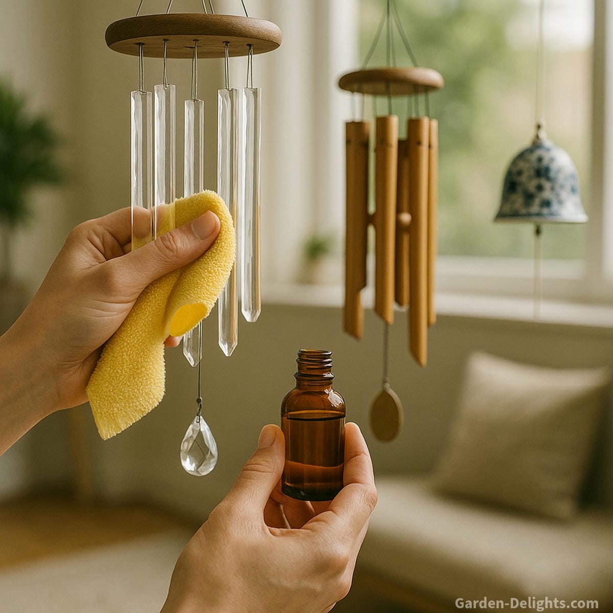 Indoor wind chimes being gently cleaned with a microfiber cloth and natural oil—crystal, bamboo, and ceramic styles placed in meditation rooms, bedrooms, and sunlit windows to preserve tone, energy, and symbolic meaning