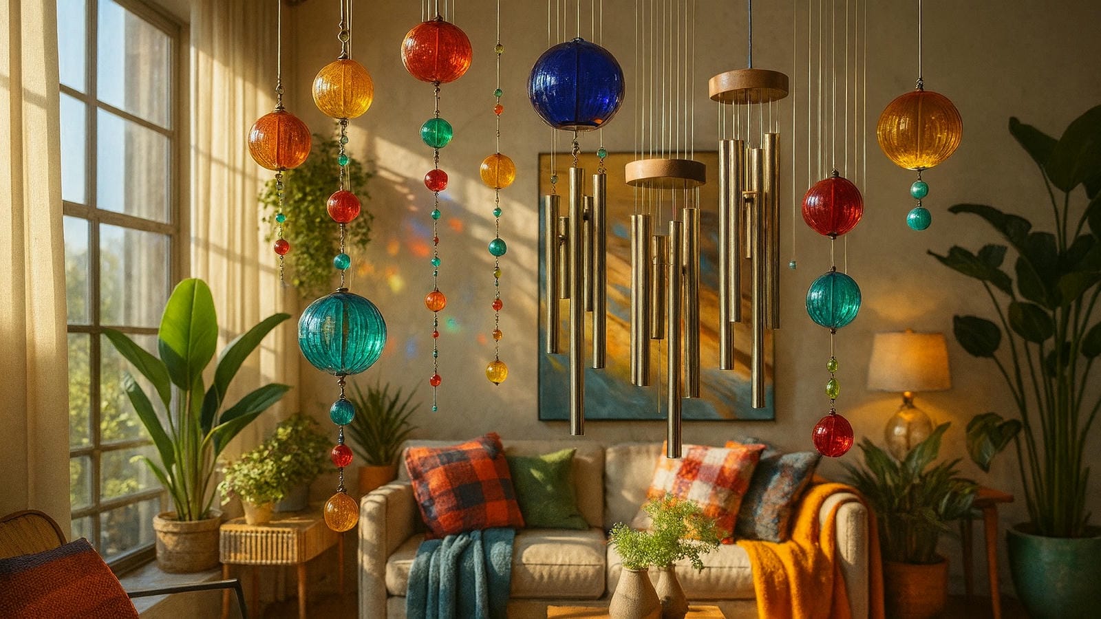 Indoor wind chimes with colorful glass elements suspended in a beautifully styled home interior—capturing ambient light, soft acoustics, and peaceful charm. A tranquil decorative accent for mindful living spaces, meditation rooms, or cozy entryways.
