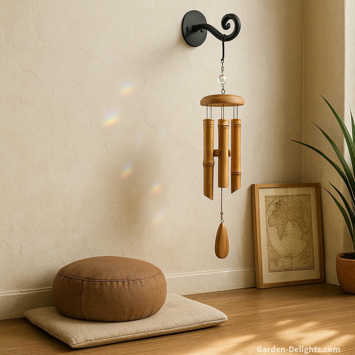 Crystal and bamboo indoor wind chimes gently hanging near a meditation space—casting light, enhancing peace, and offering acoustic healing in a sacred room corner