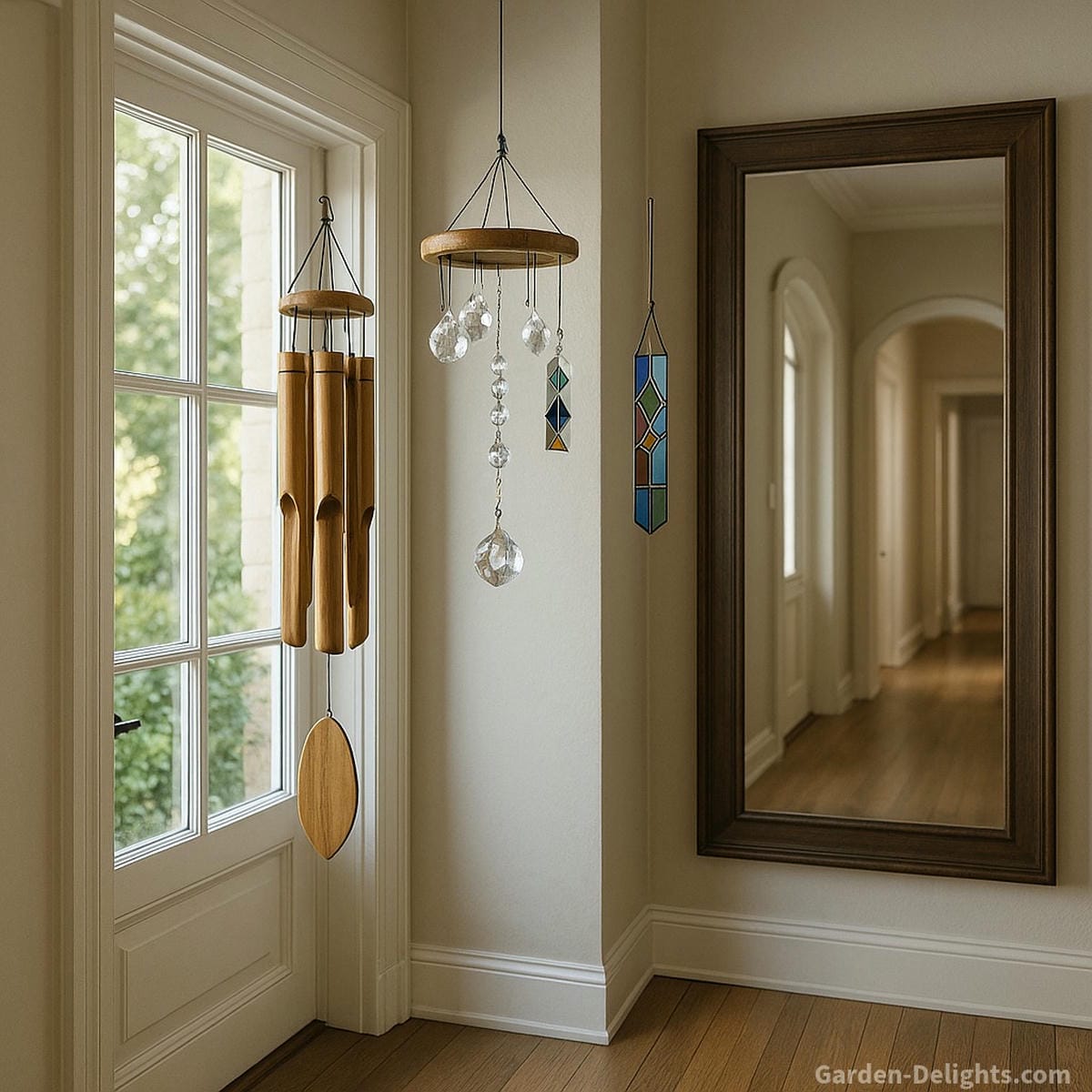 Indoor wind chimes made of bamboo, crystal, and stained glass hanging in a front foyer near an open window and hallway—symbolizing energy protection, emotional healing, and light airflow activation