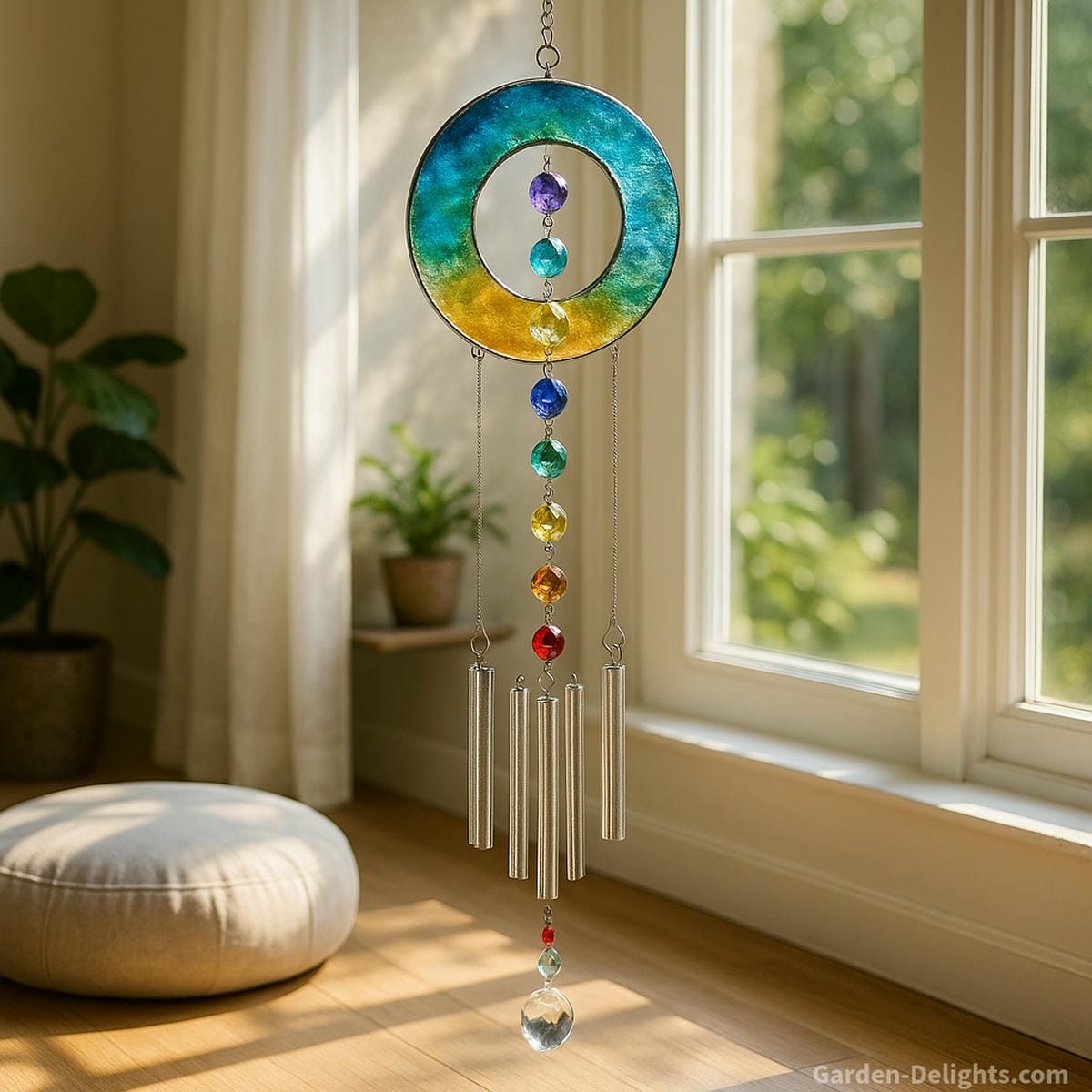 Fused glass indoor wind chime with chakra-colored crystal beads and radiant halo design hanging in a bright meditation room window—symbolizing healing energy, spiritual clarity, and emotional balance
