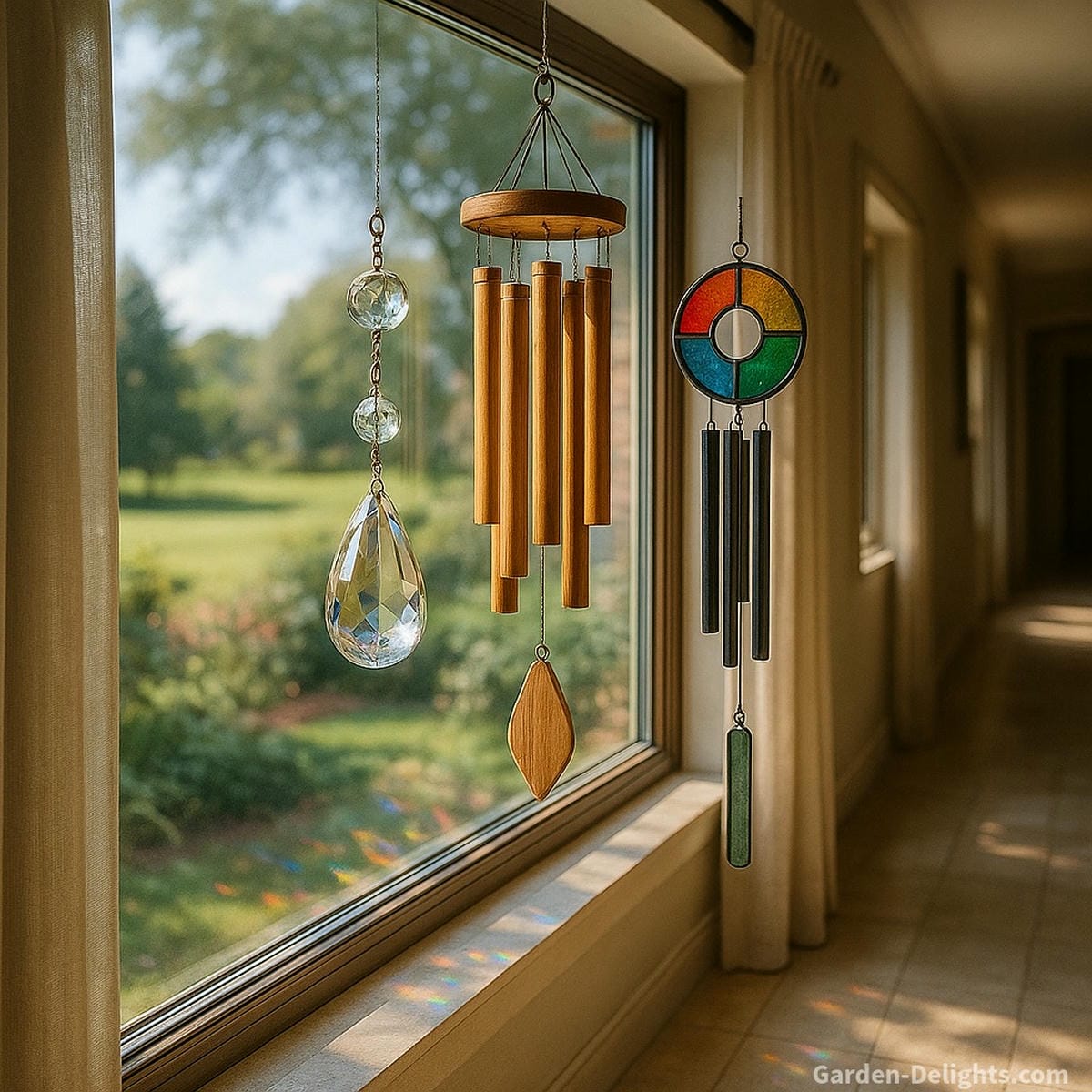 indoor wind chimes in hallway with glass and bamboo