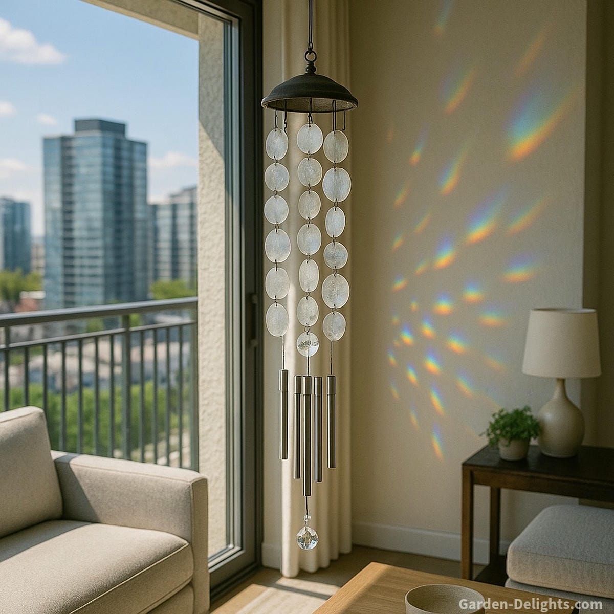 Modern indoor wind chimes with capiz shells and crystal prisms hanging by a living room window—casting rainbow reflections across the wall while overlooking a balcony and city skyline