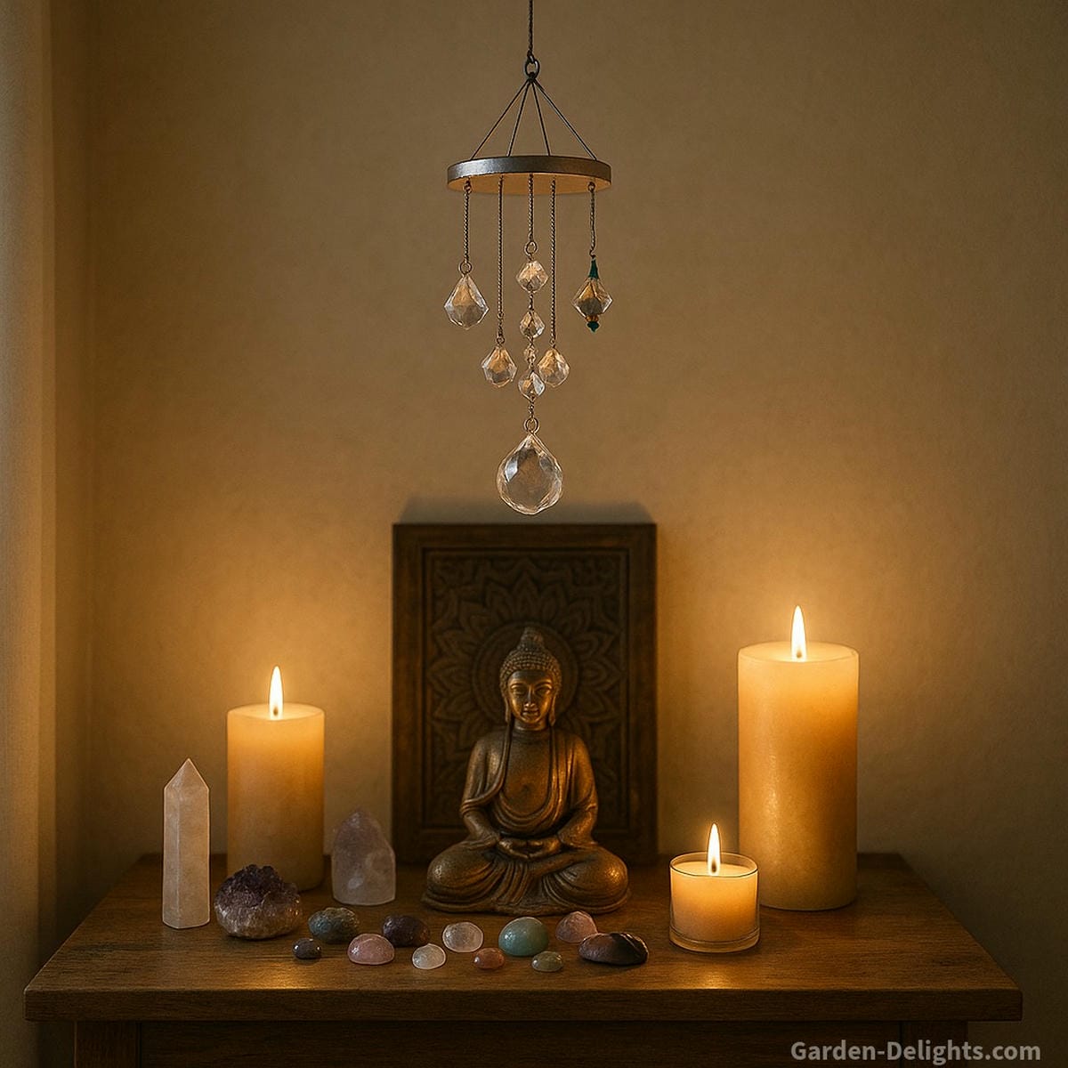 Crystal indoor wind chime hanging above a meditation altar with candles, crystals, and soft light—symbolizing chakra alignment, emotional healing, and spiritual focus