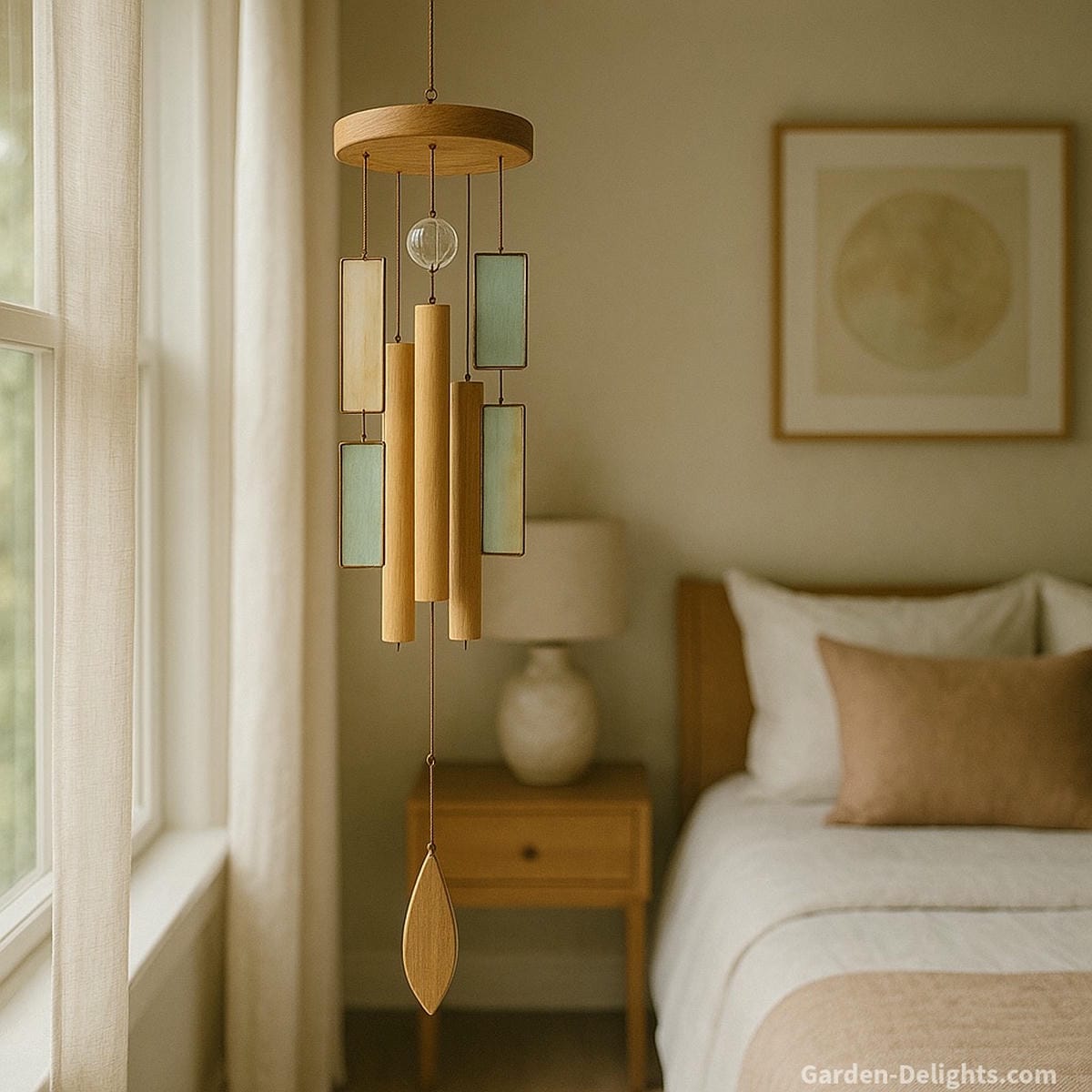 Handcrafted indoor wind chimes made of soft-toned bamboo and stained glass panels, hanging gently in a peaceful bedroom—symbolizing sound therapy, emotional healing, and decorative balance