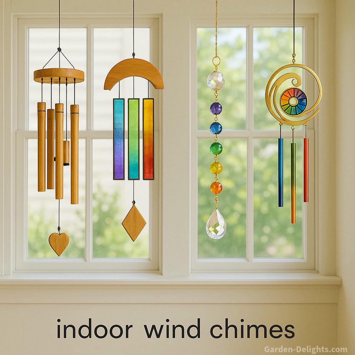 Colorful indoor wind chimes comparison showcasing bamboo, stained glass, crystal, and artistic designs—symbolizing peace, healing, chakra balance, and joyful home décor in bright living spaces