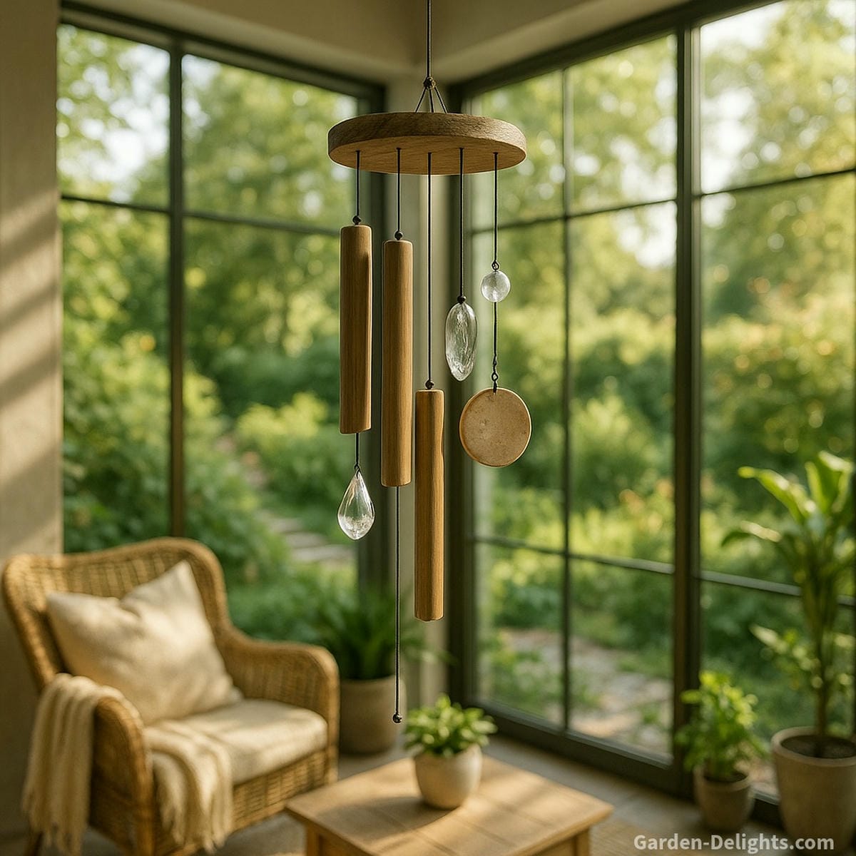 Indoor wind chimes hanging in a sunroom with glass walls overlooking a lush garden—bamboo, crystal, and ceramic chimes resonating with soft tones that enhance Feng Shui Chi flow, symbolic healing energy, and emotional calm indoors