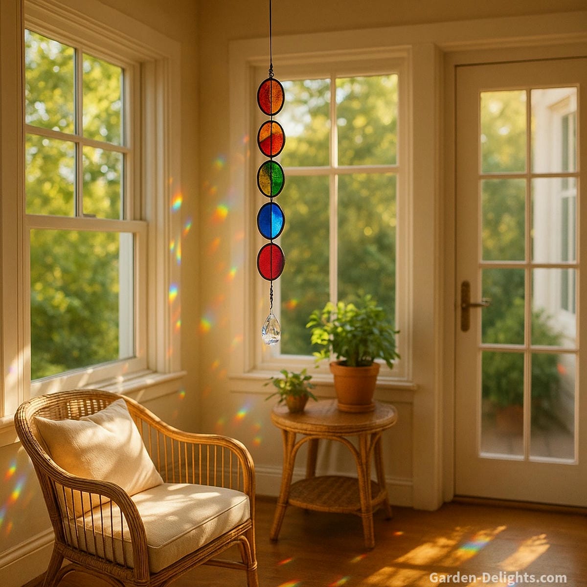 Stained glass indoor wind chime hanging in a sunlit sunroom—casting rainbow prisms and soothing tones to promote creativity, emotional brightness, and Feng Shui harmony