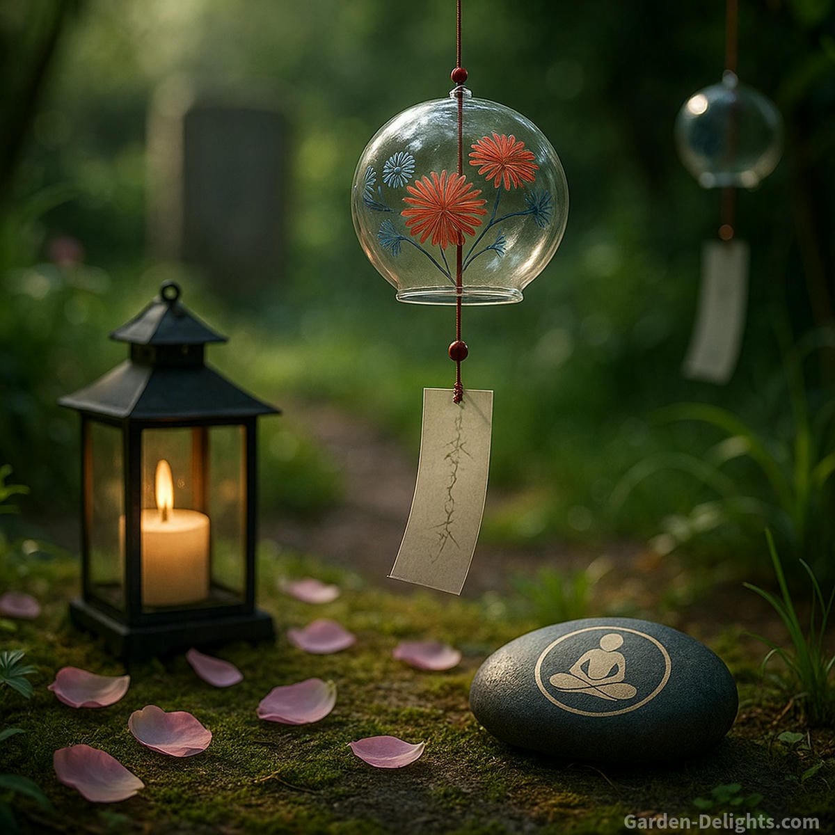 Japanese Fūrin wind chimes in a peaceful square memorial garden, surrounded by symbolic healing elements like a candle lantern, petals, and a meditation stone for emotional recovery and sound therapy