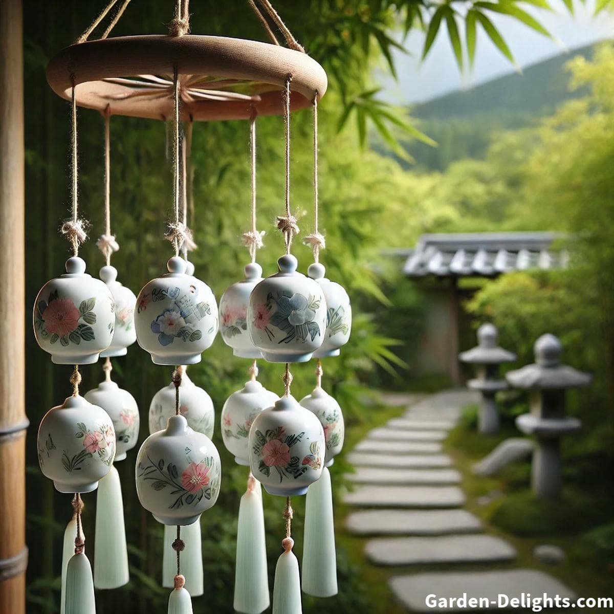 Handcrafted Japanese ceramic wind chimes with floral motifs swaying gently in a serene Zen garden pathway symbolizing mindfulness, clarity, and traditional Feng Shui energy flow