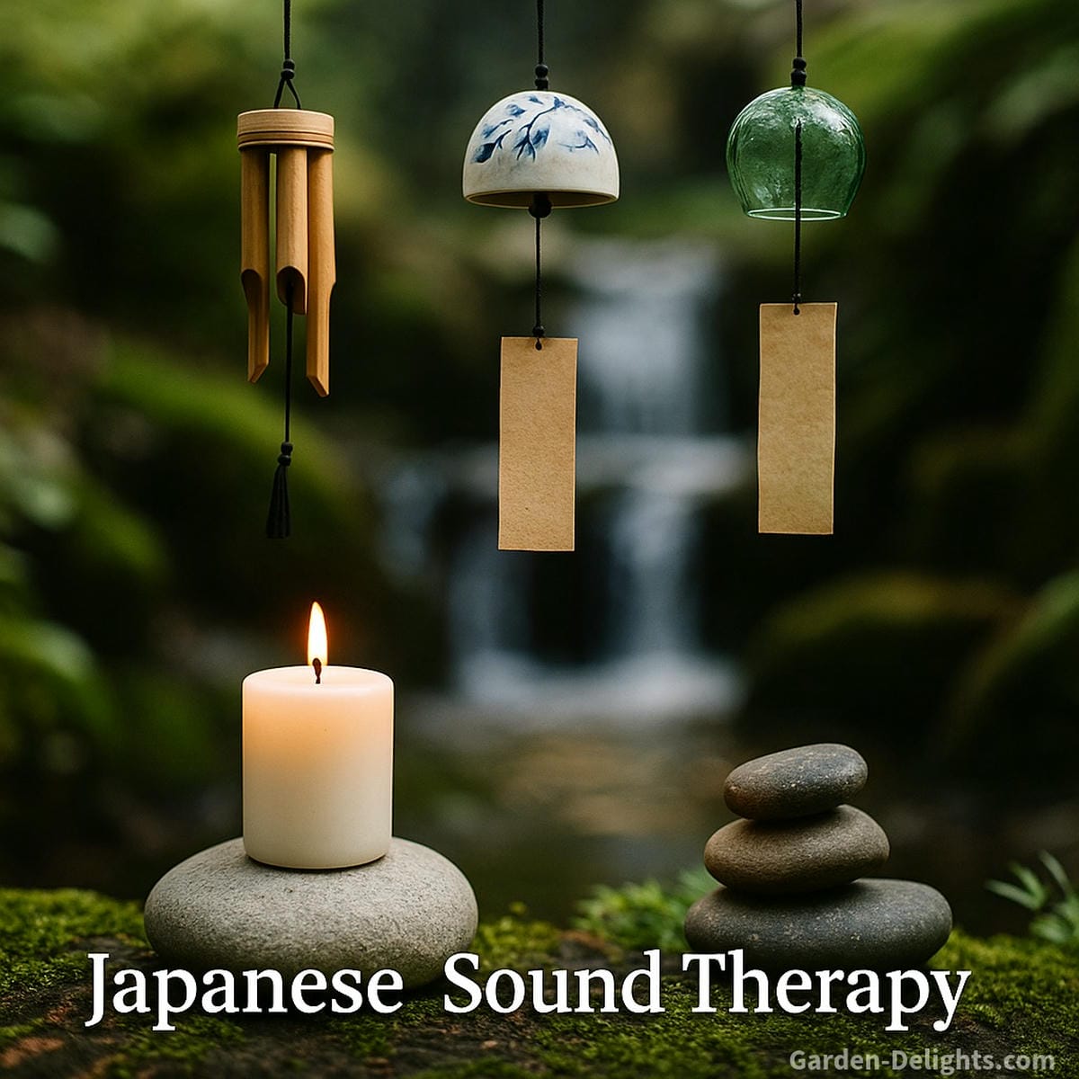 Japanese Furin wind chimes hanging gently near a meditation cushion and candle-lit water fountain symbolizing brainwave harmony, Chi energy flow, and emotional healing