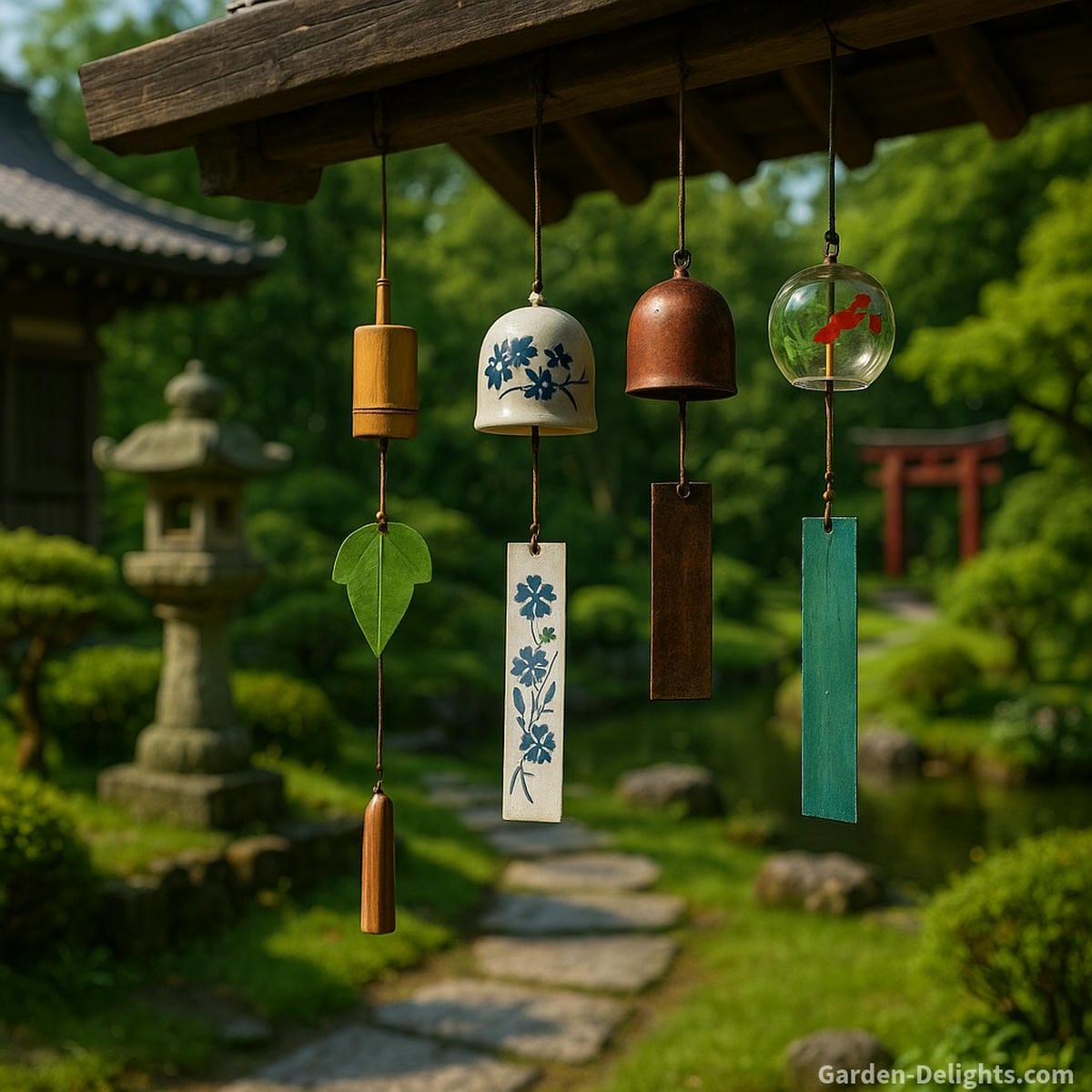 Traditional Japanese Furin wind chimes made of bamboo, ceramic, and copper swaying gently in a Zen temple garden symbolizing spiritual balance, seasonal renewal, and energy cleansing through sound resonance