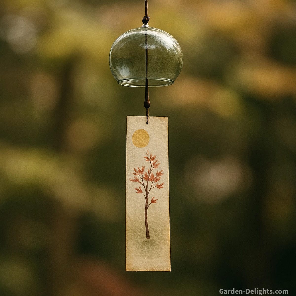 Tanzaku paper tag fluttering on a traditional Japanese Fūrin wind chime, symbolizing the release of wishes, seasonal blessings, and spiritual intention into the breeze