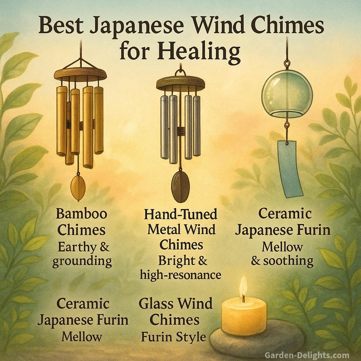 Japanese wind chimes made of bamboo, glass, ceramic, and metal hanging in a Zen-style healing space each representing a different tone, energy flow, and spiritual benefit in traditional Furin sound therapy