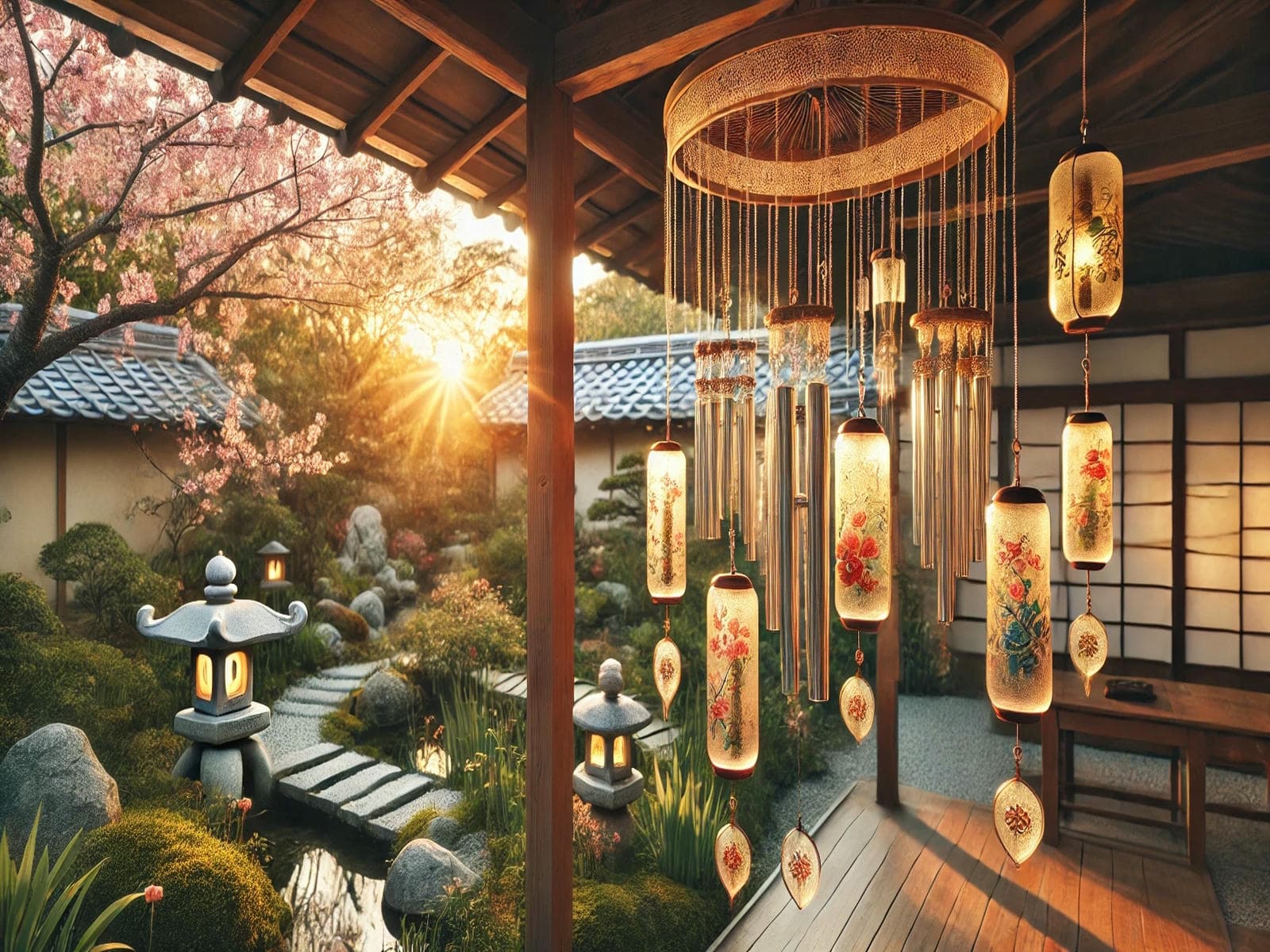 Traditional Japanese wind chimes (Furin) hanging from a wooden pergola in a peaceful Zen garden at sunset, surrounded by bamboo and stone lanterns symbolizing Feng Shui energy flow, healing sounds, and Japanese summer serenity