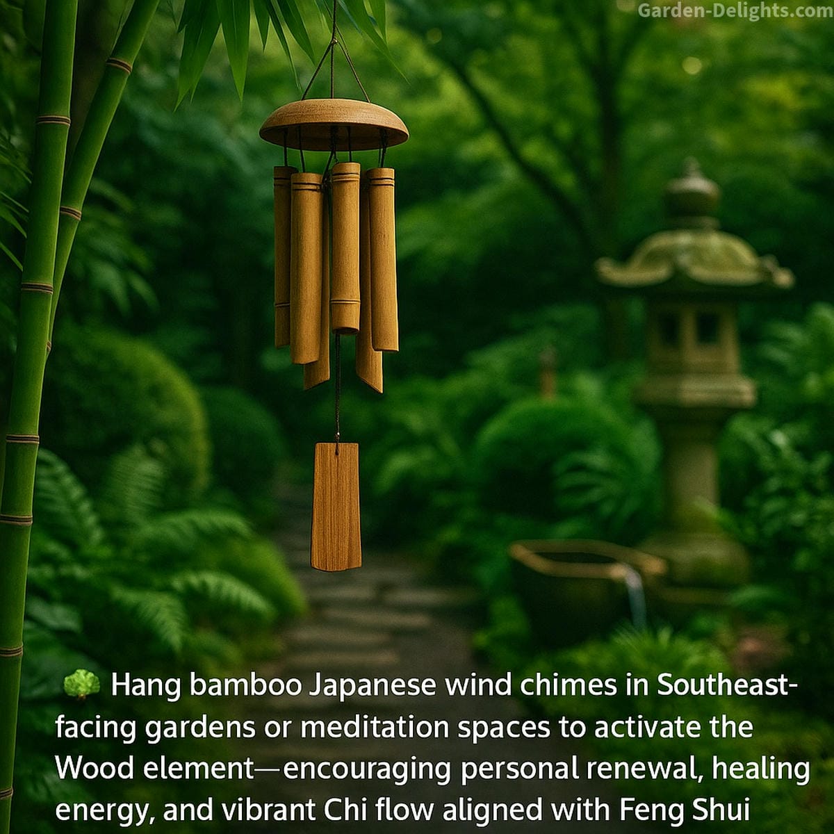 Bamboo Japanese wind chimes swaying gently in a lush Zen garden, aligned with the Southeast Wood element for Feng Shui healing and personal growth