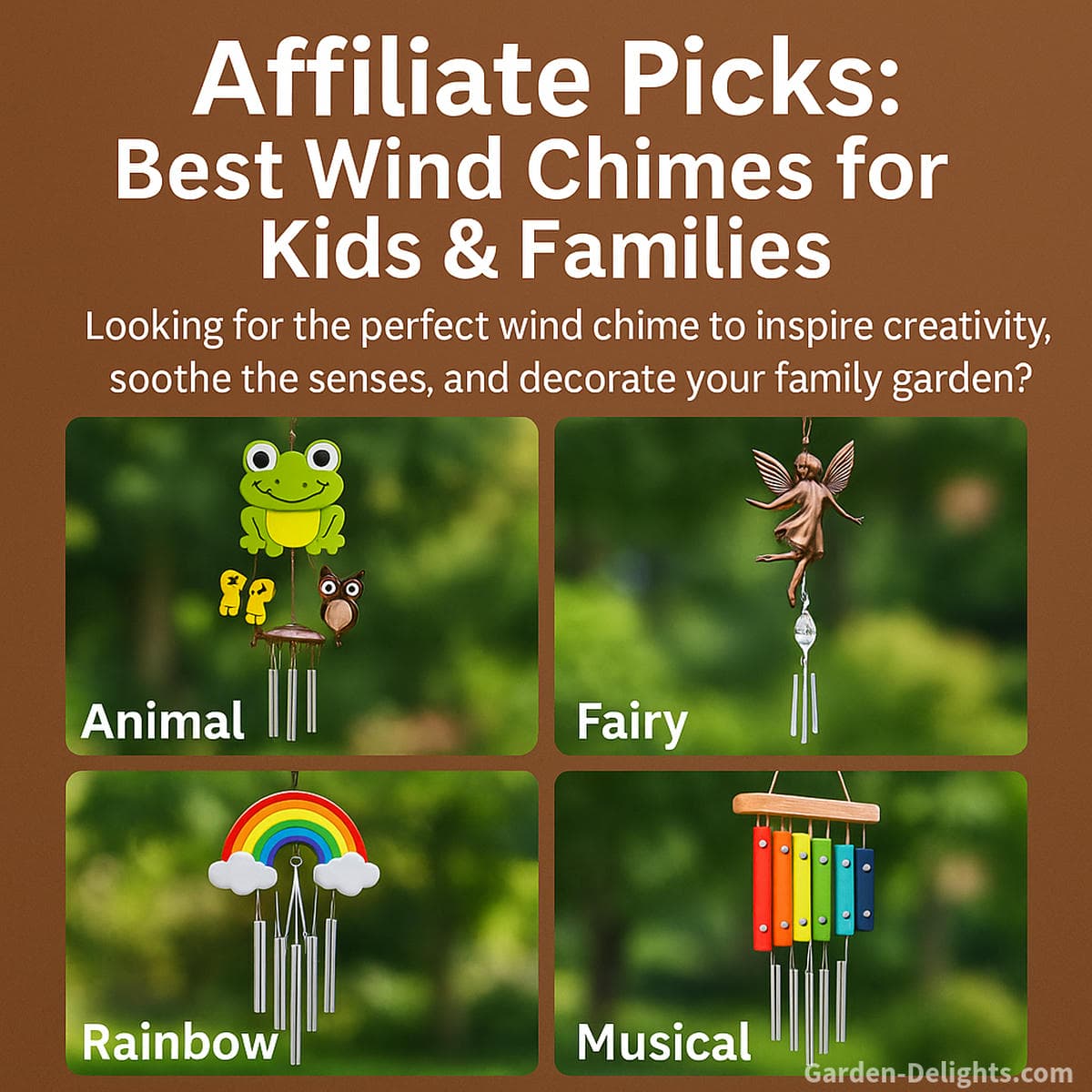 Best calming wind chimes for kids including rainbow, fairy, animal and musical designs arranged in sensory friendly family gardens