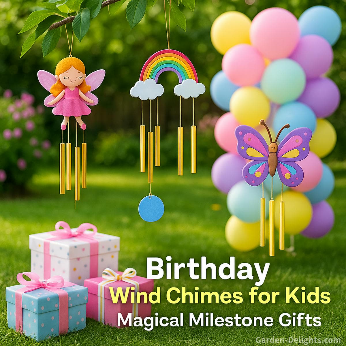Colorful birthday wind chimes with fairy, rainbow, and butterfly themes hanging above a garden birthday setup with pastel balloons and gift boxes