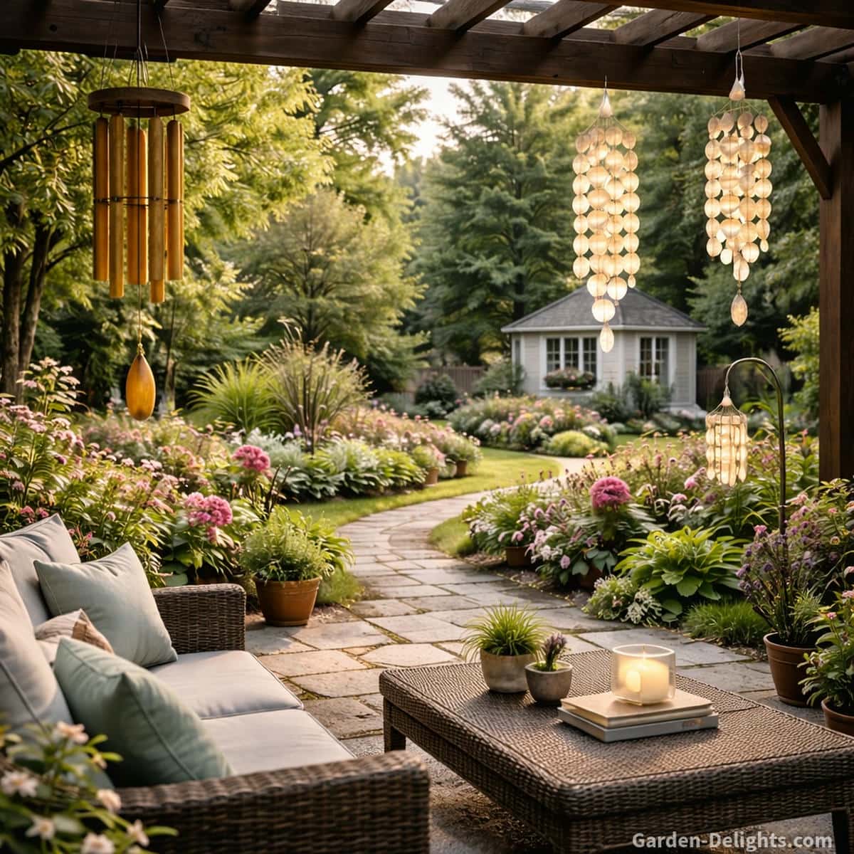 Calming bamboo and capiz wind chimes hanging from a dark wood pergola overlooking a garden path leading to a peaceful backyard shed with sensory friendly flowers, soft airflow, and child friendly outdoor seating for emotional grounding and family wellness