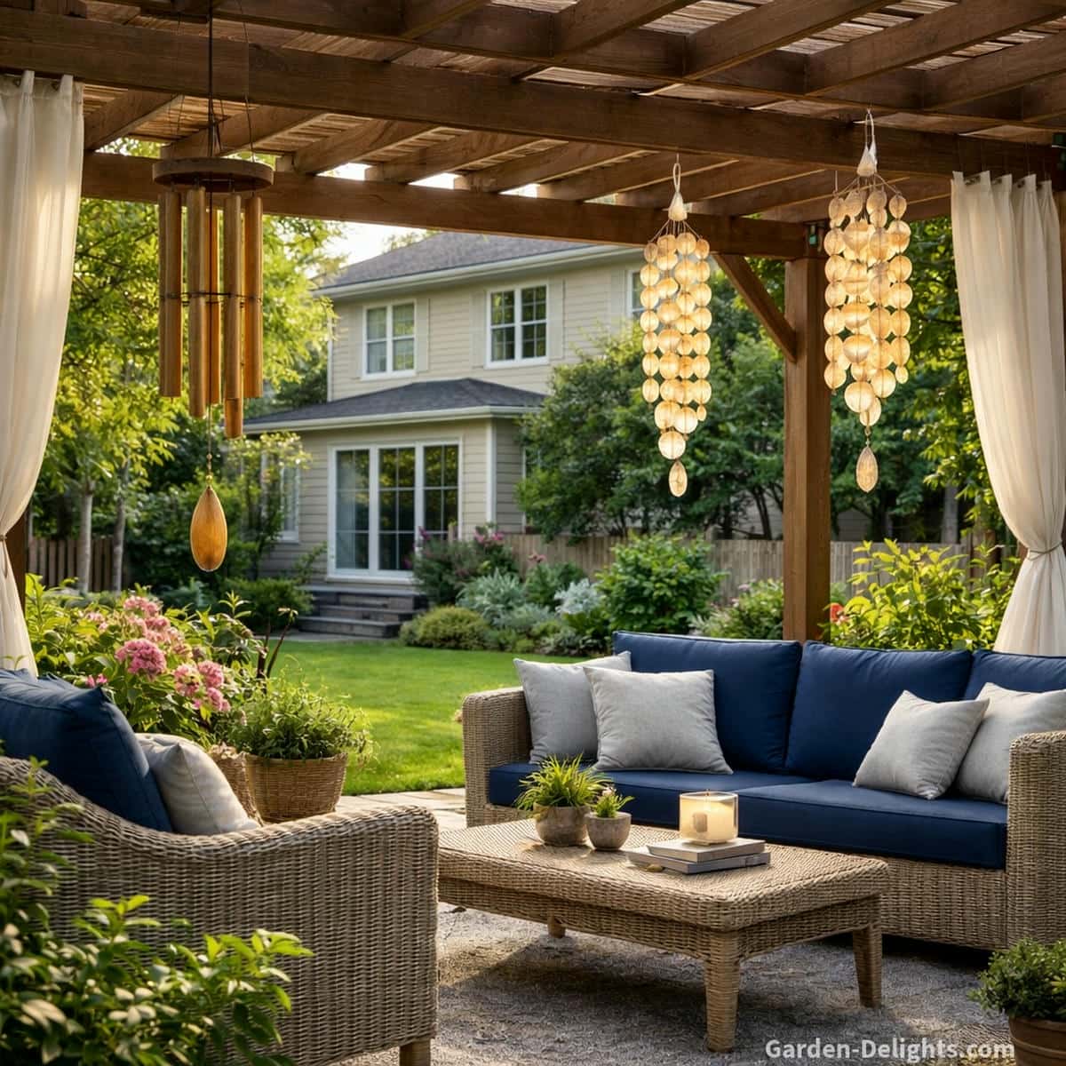 Calming bamboo and capiz wind chimes hanging beneath a warm backyard pergola with wicker seating, navy cushions, soft airflow and a two story family home in the background creating sensory balance and emotional comfort