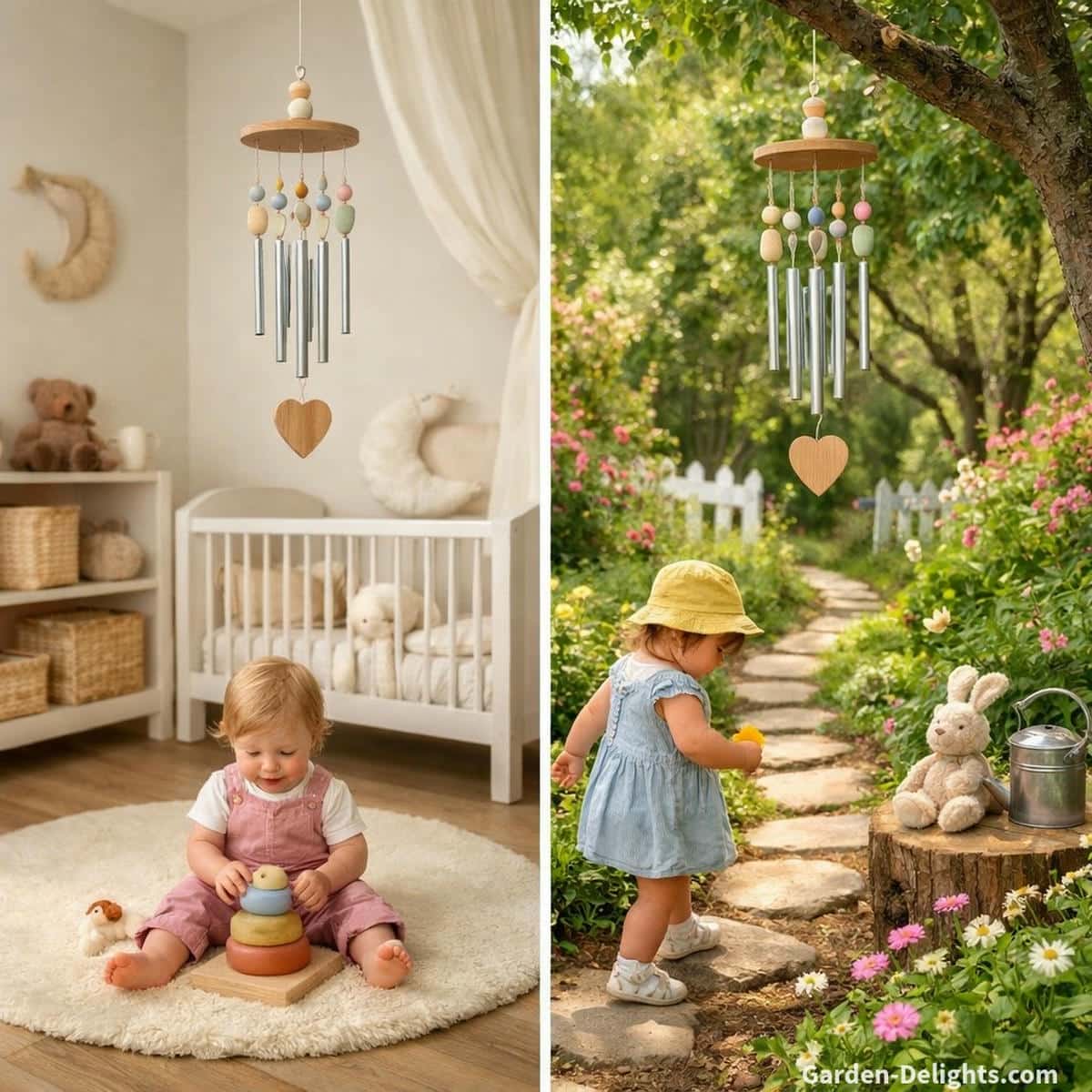 Safe wind chime placement for child development shown in a cozy nursery and a gentle garden play path with soft airflow, quiet tone and toddler friendly design