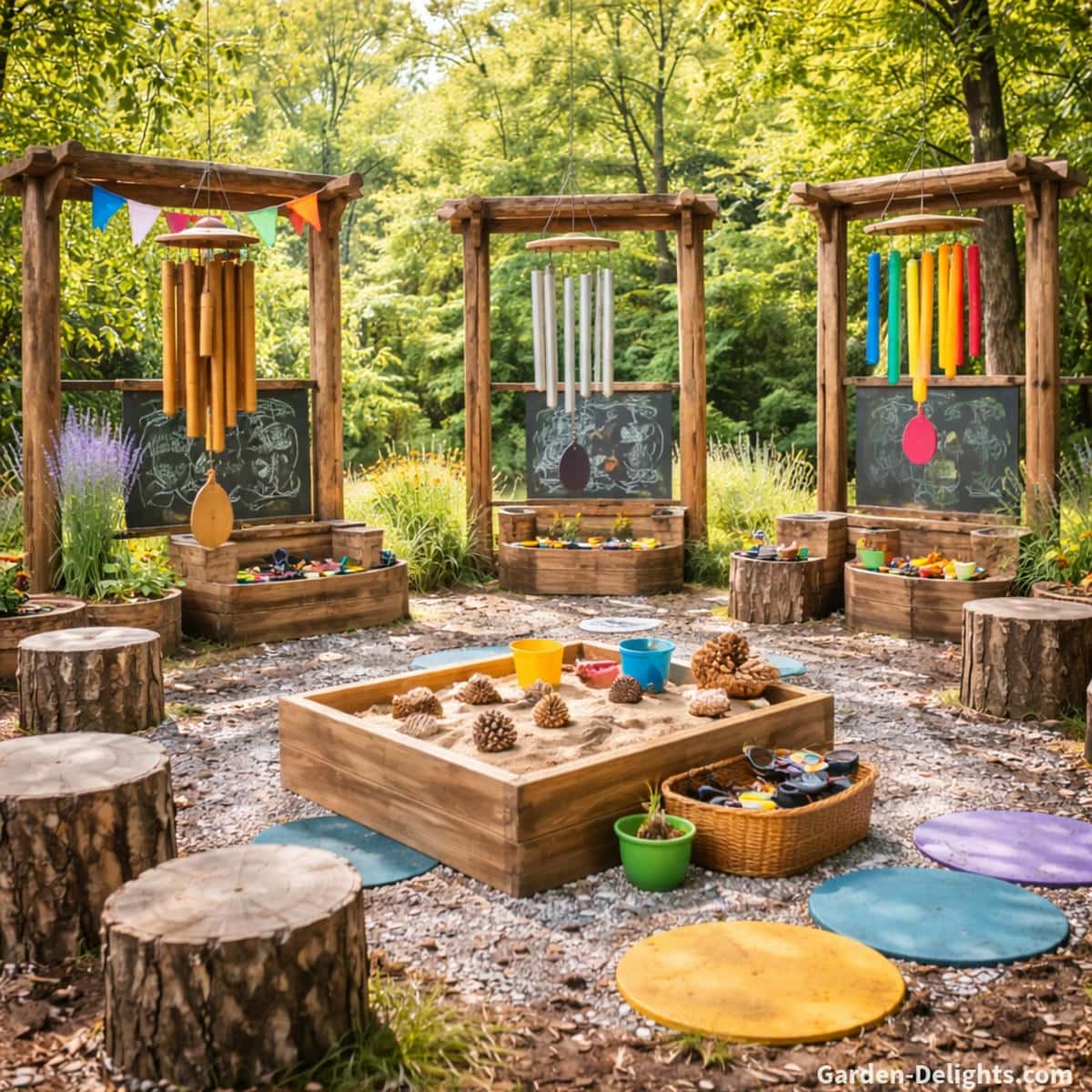 Educational wind chimes hanging in a sensory learning zone with dedicated listening stations wooden frames and child height chimes supporting Montessori and Waldorf rhythm learning airflow discovery emotional grounding and calm outdoor education