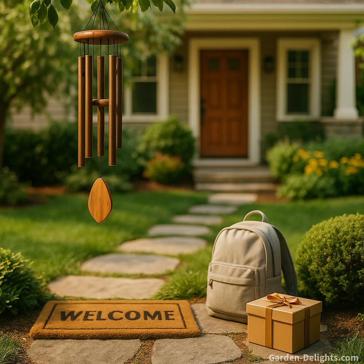 Sentimental family milestone wind chimes hanging in a cozy garden beside a welcome mat, school backpack and stepping stone path symbolizing new beginnings and emotional growth