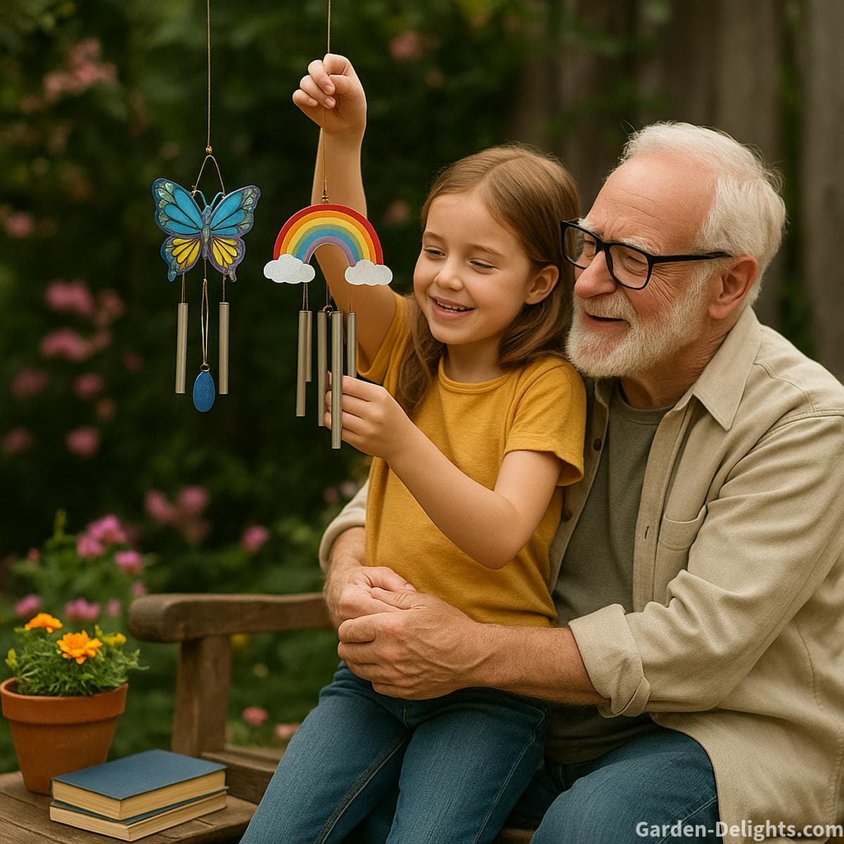 Grandparent and child hanging whimsical butterfly and rainbow wind chimes in a cozy garden for bonding rituals, nature connection and sentimental sound memories