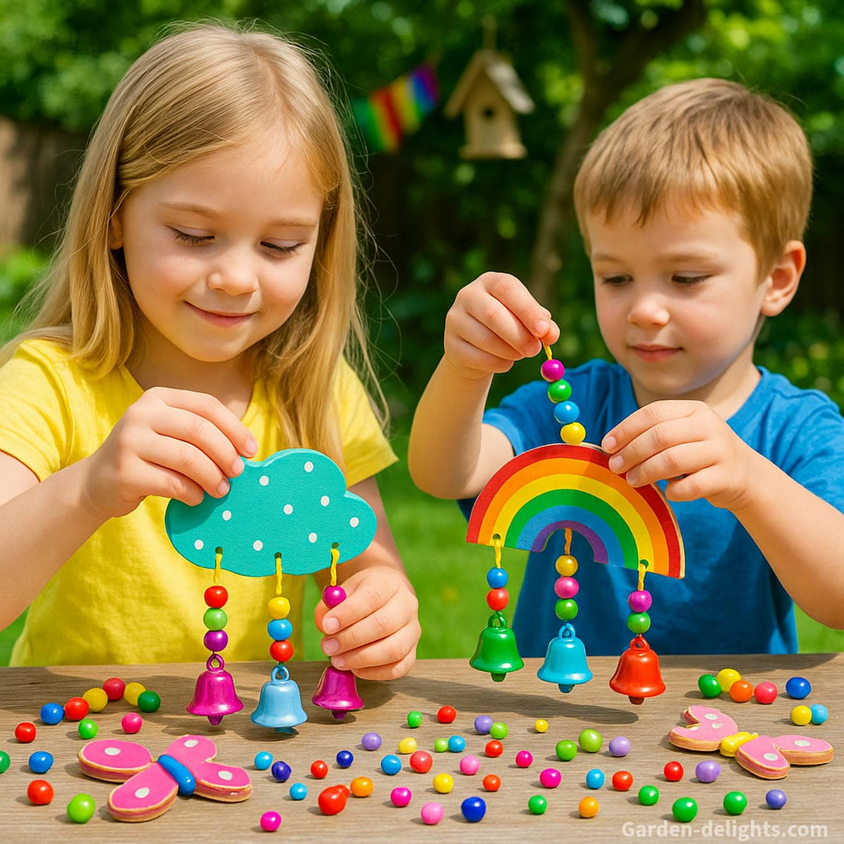 Children hanging colorful rainbow wind chimes with bells and beads in a sunny backyard symbolizing family creativity, sensory growth, and joyful outdoor energy for home and garden play areas.
