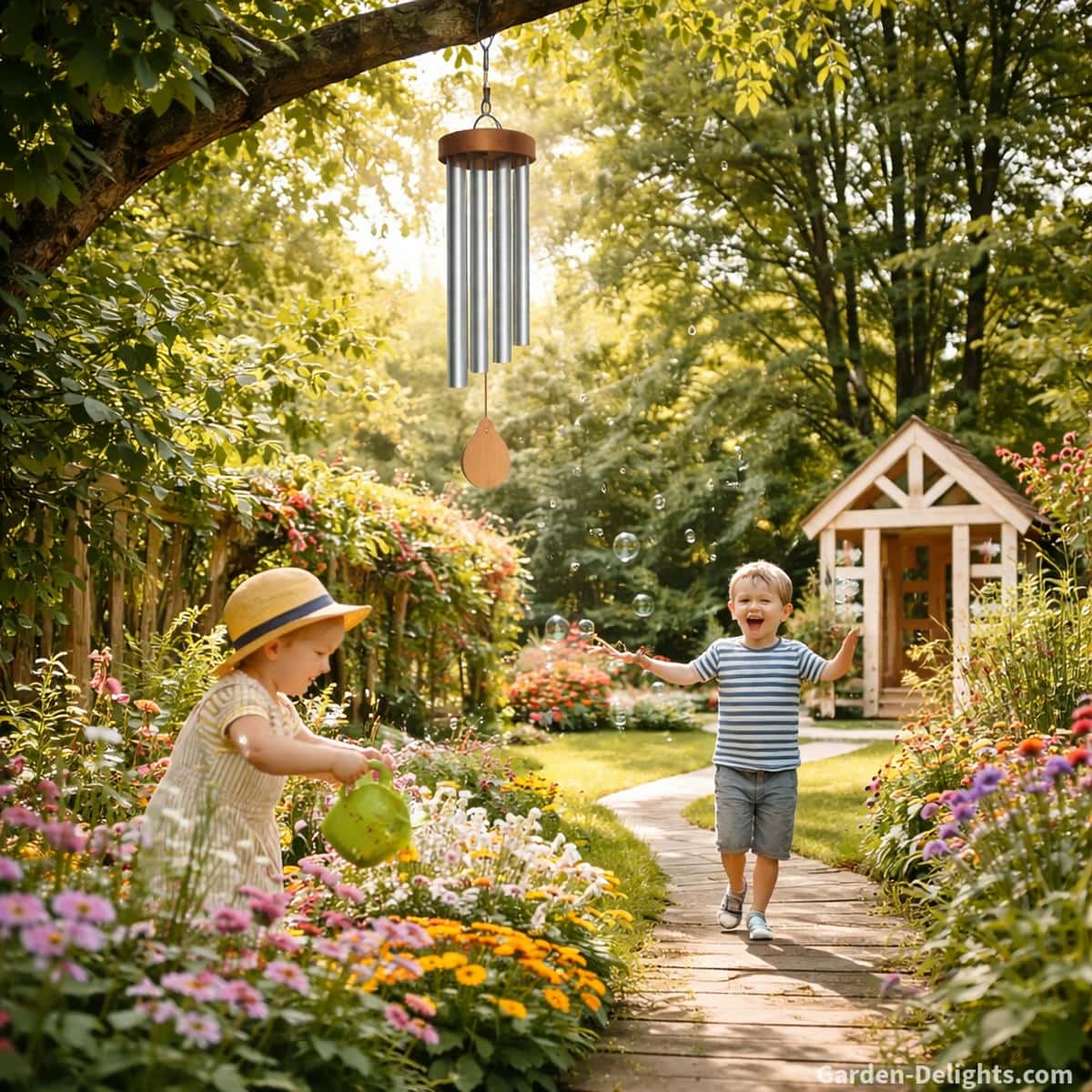 Children playing safely along a sunlit garden pathway beneath a high mounted wind chime where gentle airflow creates soft melodic movement for emotional comfort and sensory learning