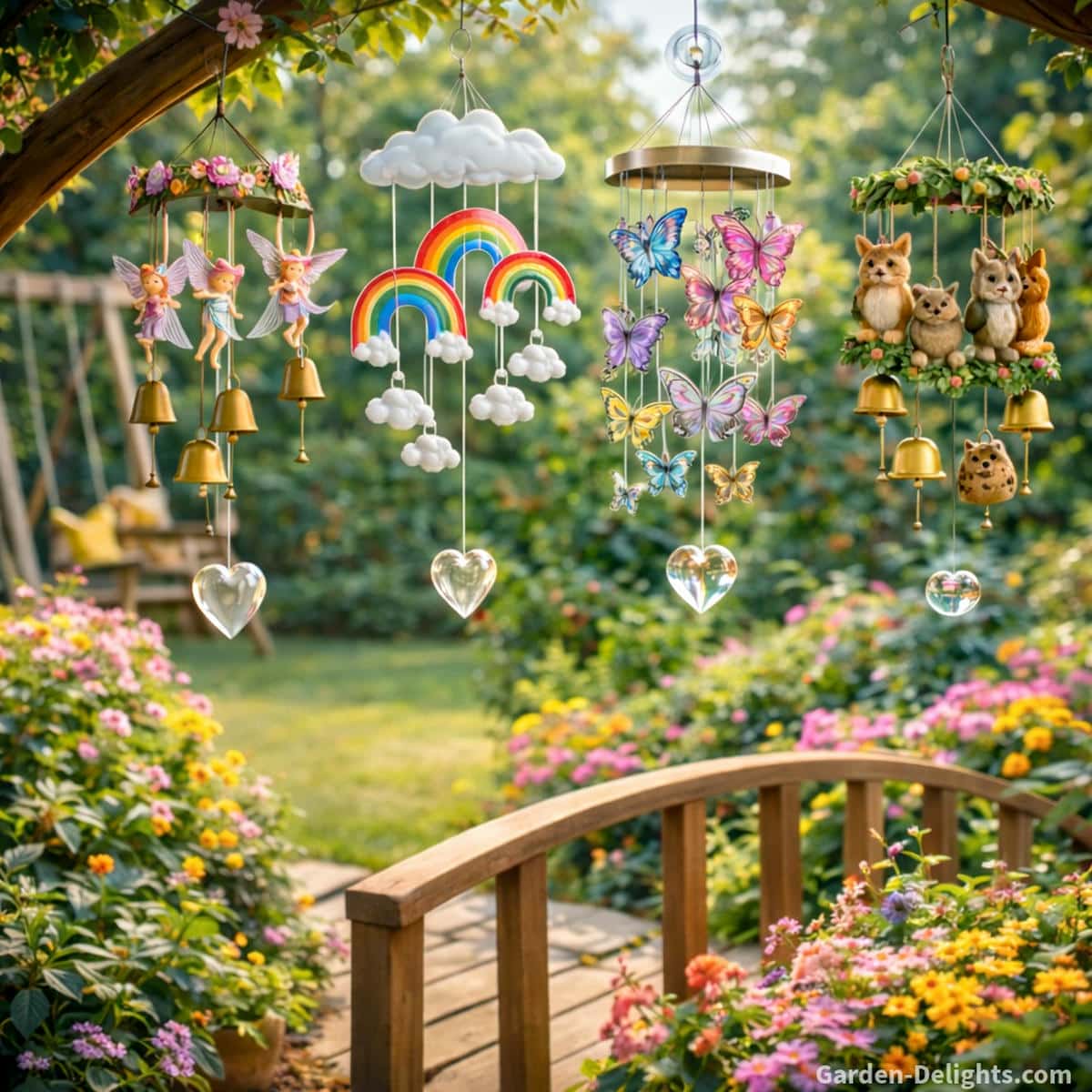 Whimsical kids wind chimes featuring fairy chimes, rainbow chimes, butterfly chimes and animal themed chimes hanging above a colorful sensory garden bridge for playful tone learning